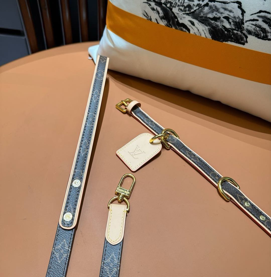 LV DOG COLLAR AND LEASH (BROWN)