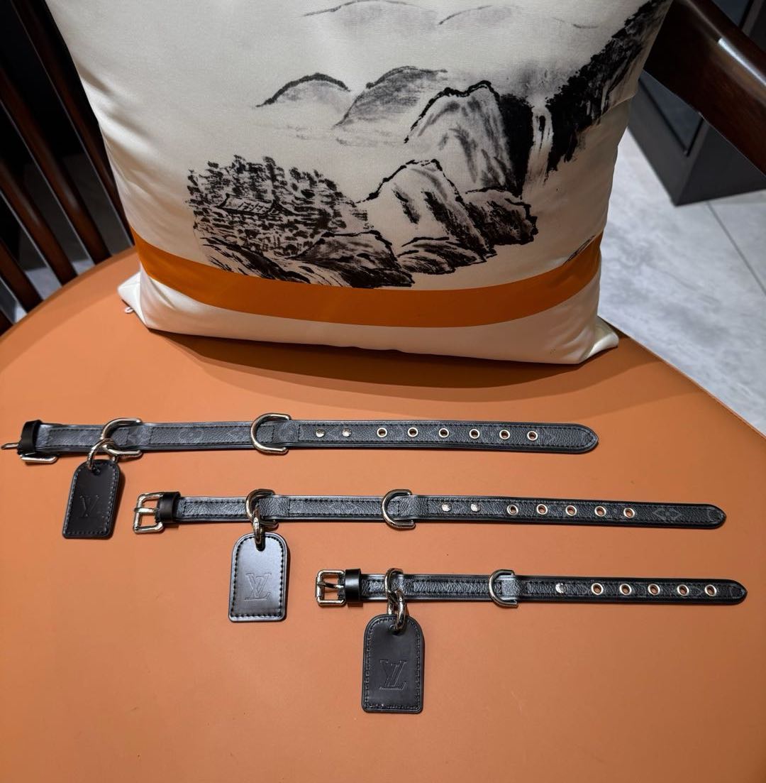LV DOG COLLAR AND LEASH (BLACK)