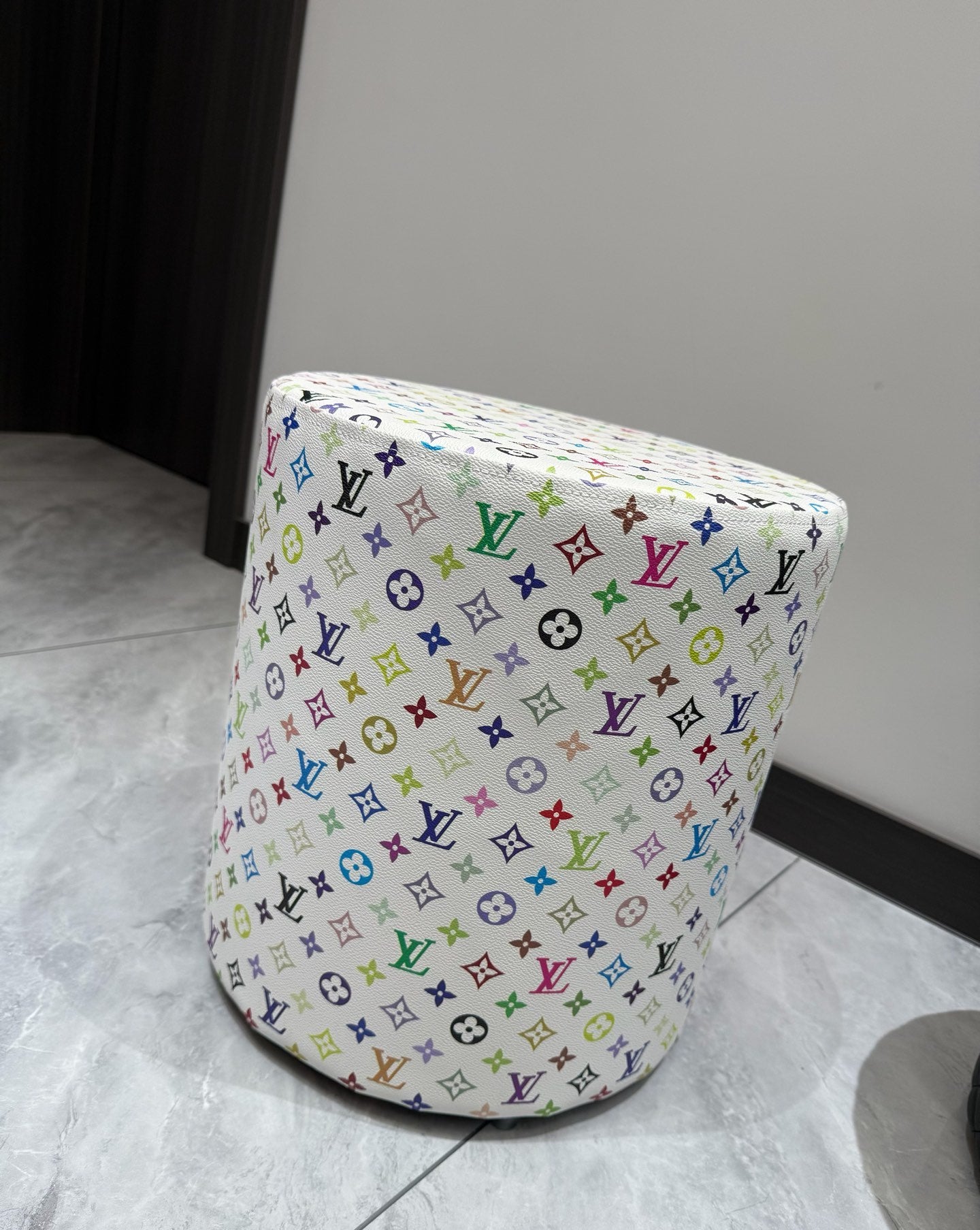CUSTOM LV MULTICOLOUR OTTOMAN STOOL (WHITE)