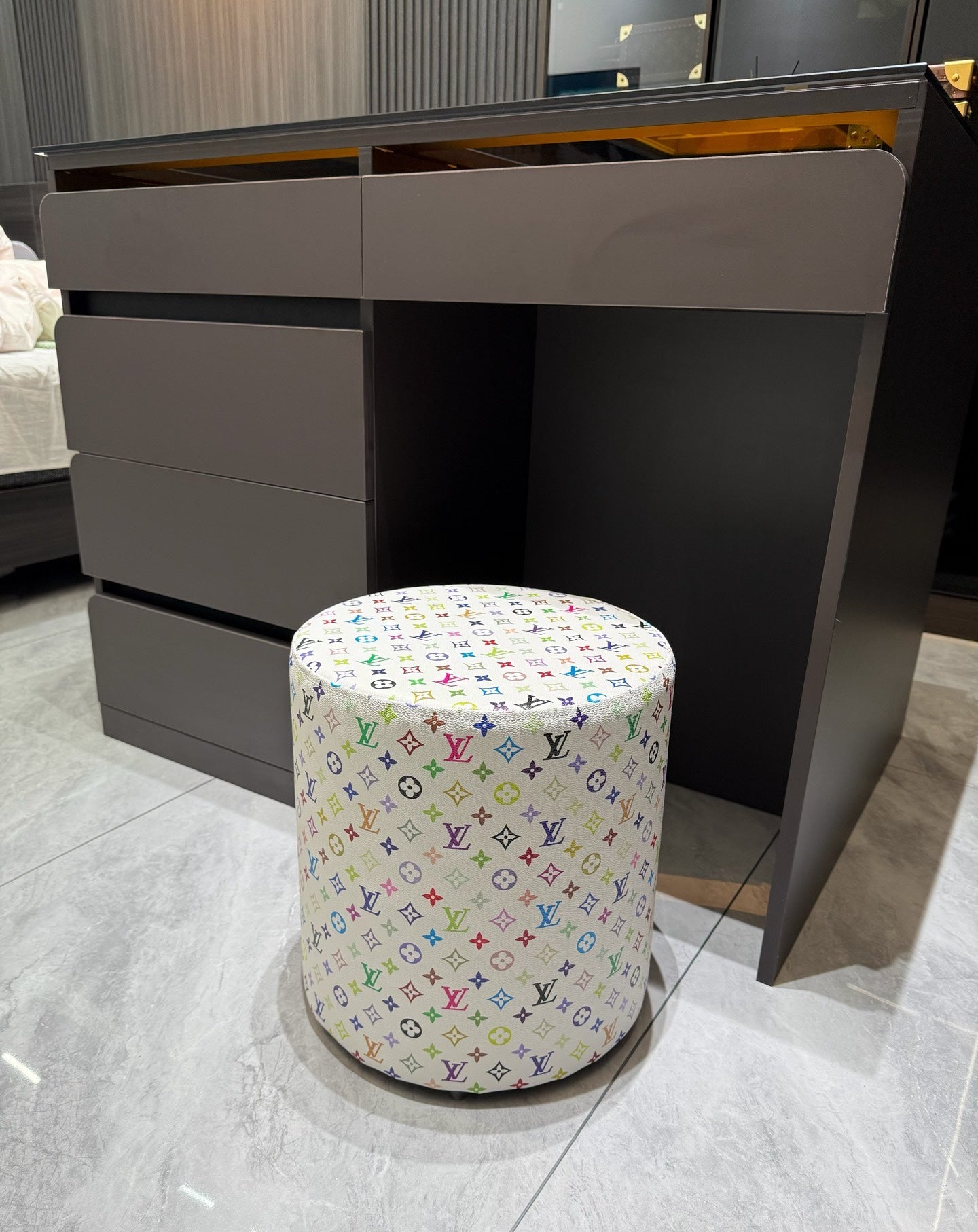 CUSTOM LV MULTICOLOUR OTTOMAN STOOL (WHITE)