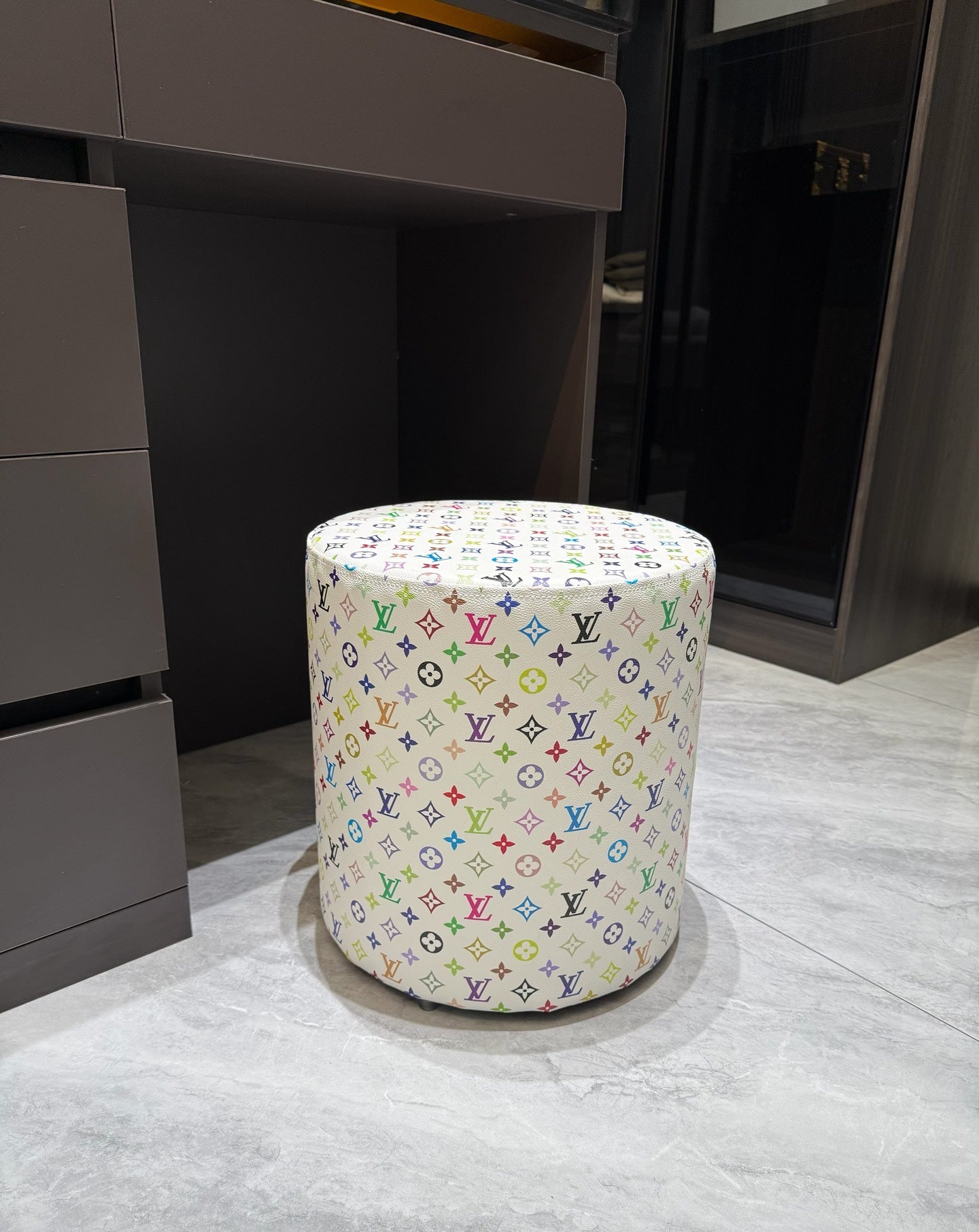 CUSTOM LV MULTICOLOUR OTTOMAN STOOL (WHITE)