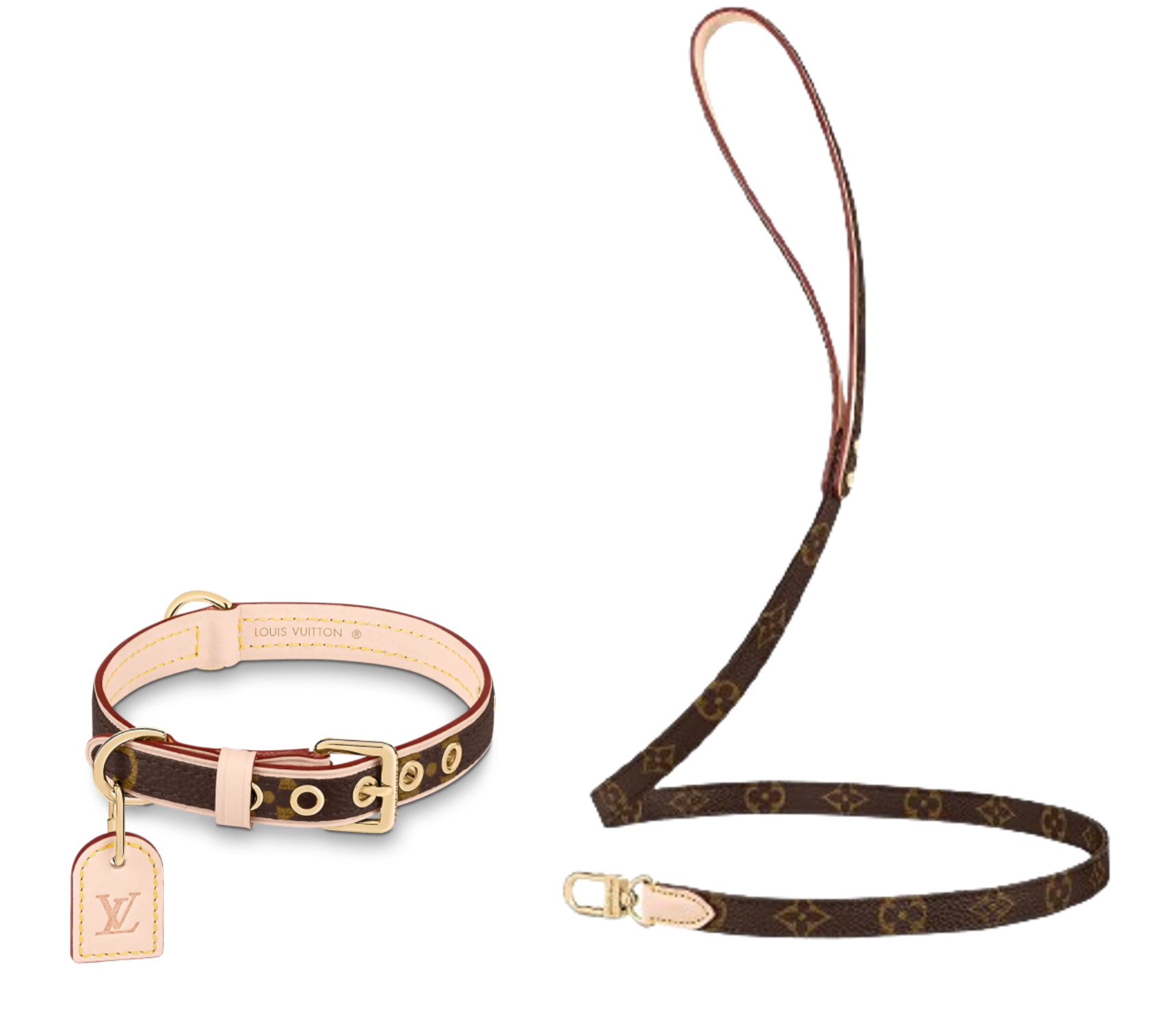 LV DOG COLLAR AND LEASH (BROWN)