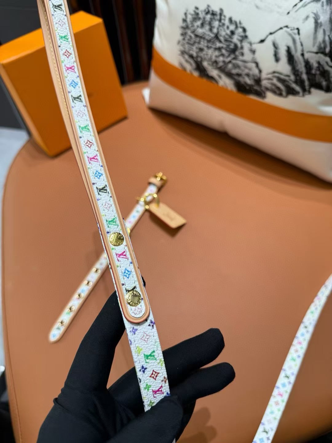 LV DOG COLLAR AND LEASH (WHITE MURAKAMI)