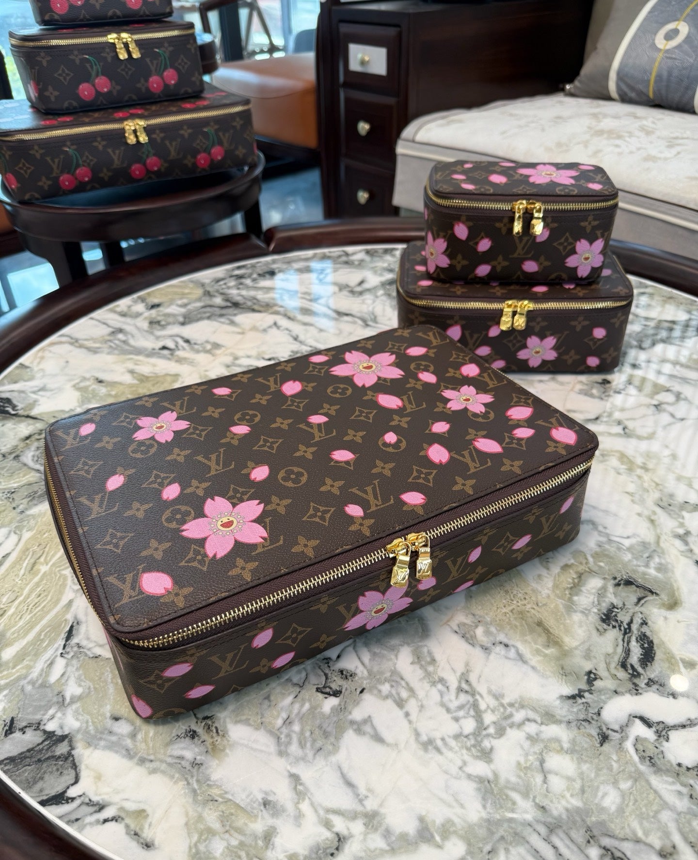 CUSTOM LV MAKE UP 3 IN 1 POUCH SET (MURAKAMI FLOWER)