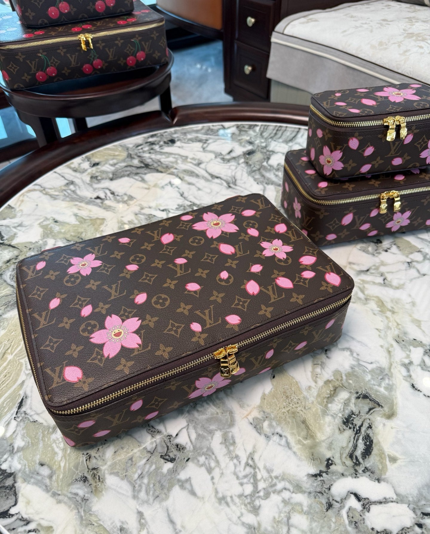 CUSTOM LV MAKE UP 3 IN 1 POUCH SET (MURAKAMI FLOWER)