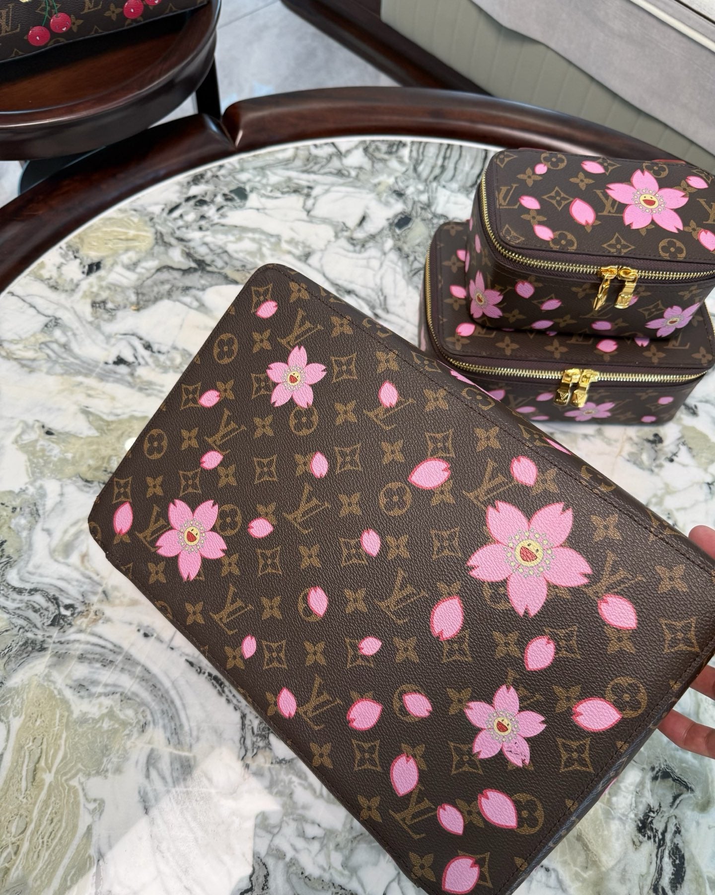 CUSTOM LV MAKE UP 3 IN 1 POUCH SET (MURAKAMI FLOWER)