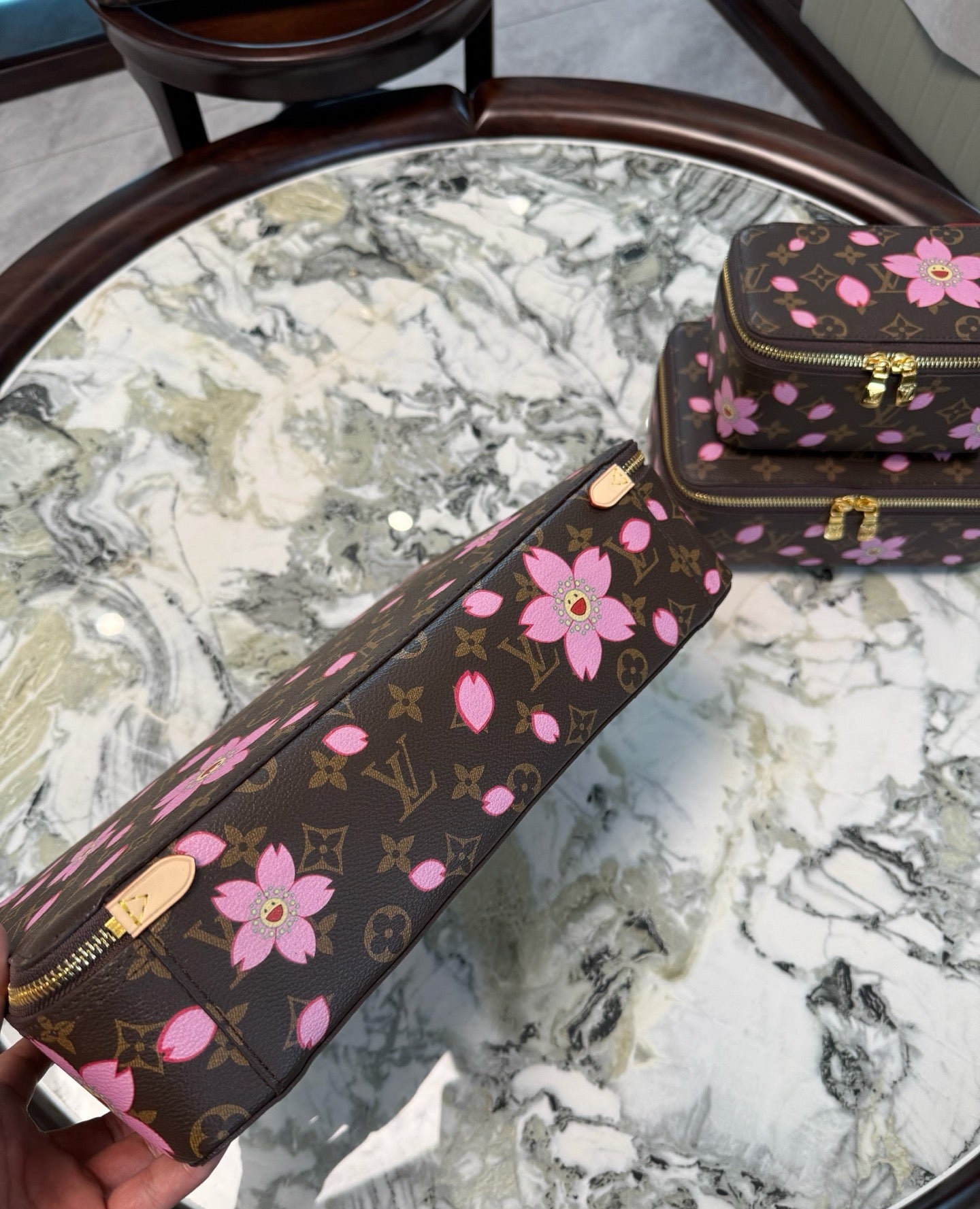 CUSTOM LV MAKE UP 3 IN 1 POUCH SET (MURAKAMI FLOWER)