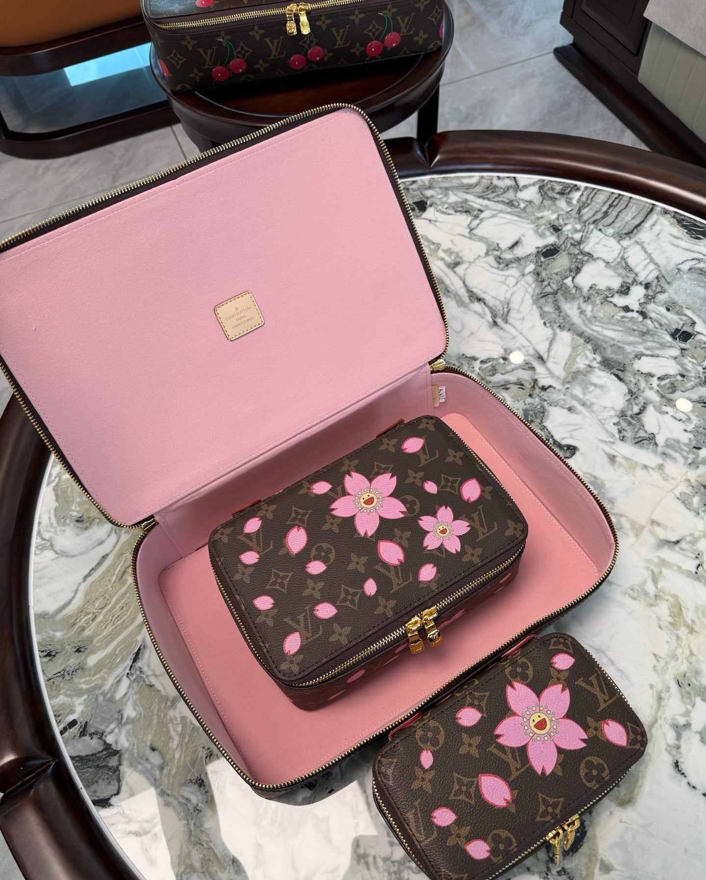 CUSTOM LV MAKE UP 3 IN 1 POUCH SET (MURAKAMI FLOWER)