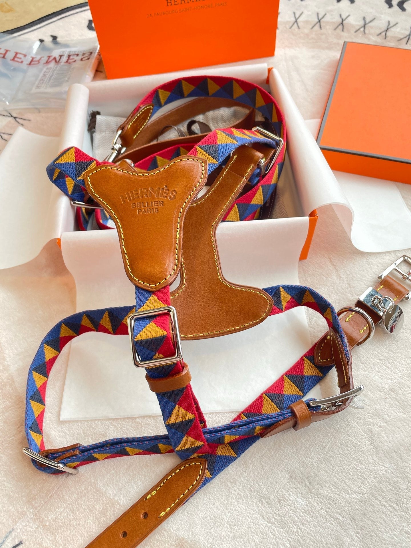 HERMES DOG HARNESS AND LEASH (TRIANGLES)