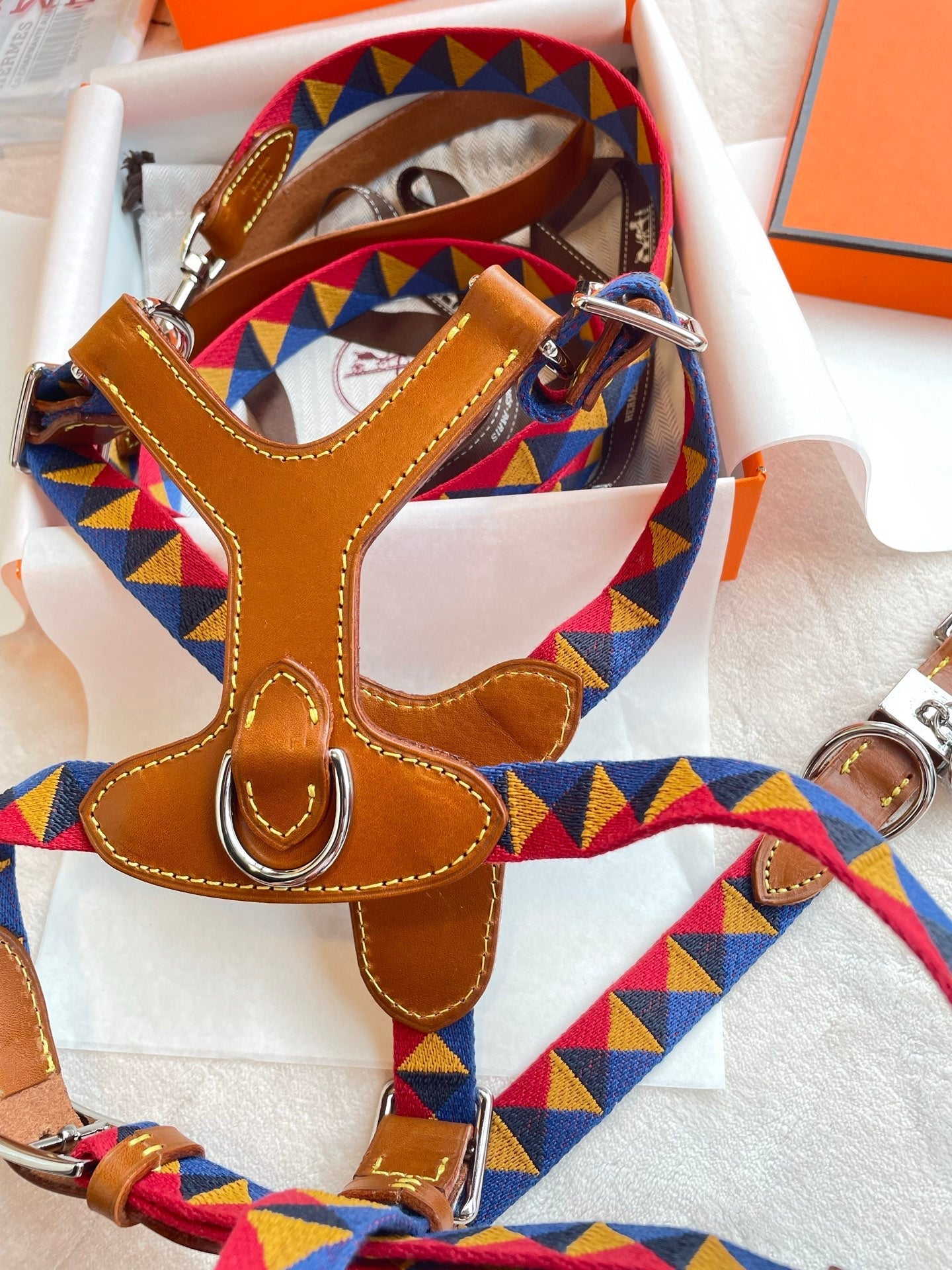 HERMES DOG HARNESS AND LEASH (TRIANGLES)