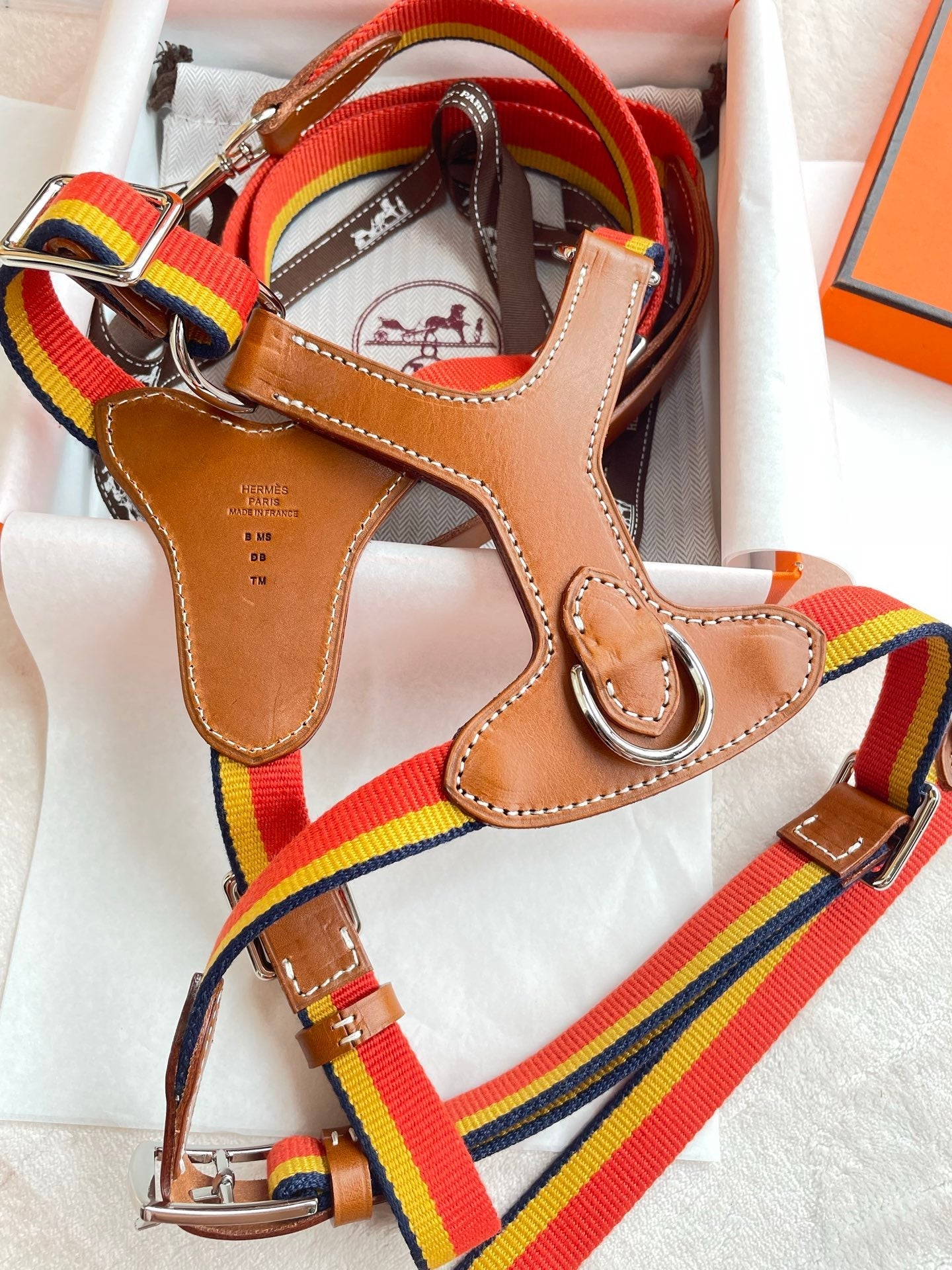 HERMES DOG HARNESS AND LEASH (STRIPES)