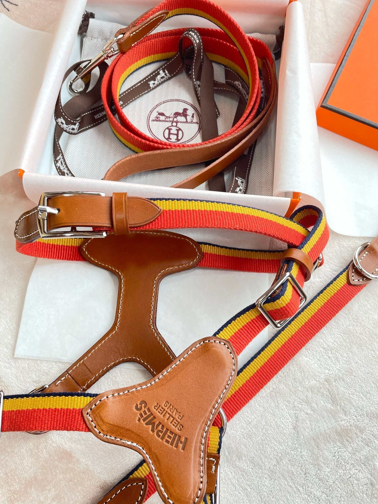 HERMES DOG HARNESS AND LEASH (STRIPES)