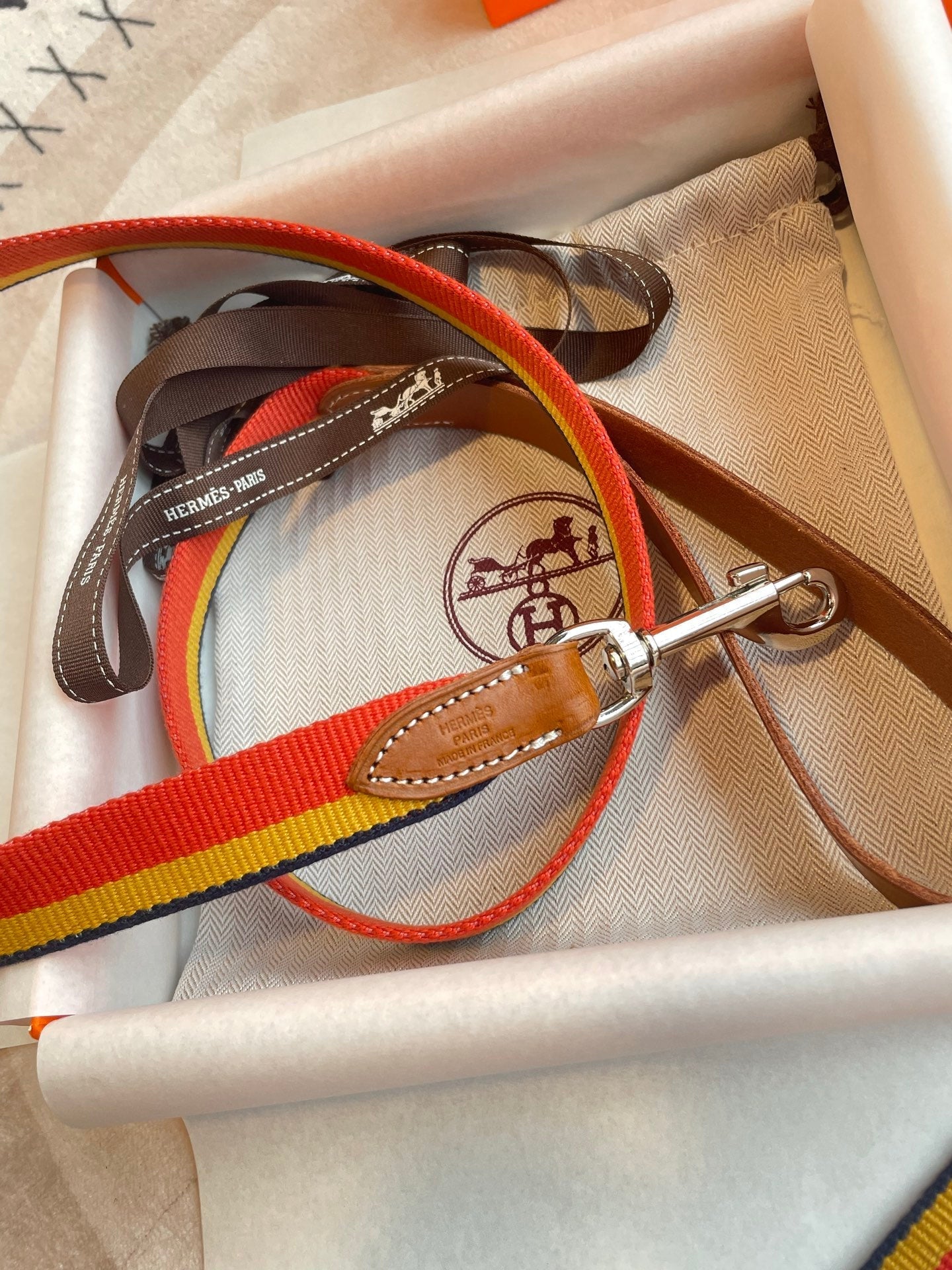 HERMES DOG HARNESS AND LEASH (STRIPES)