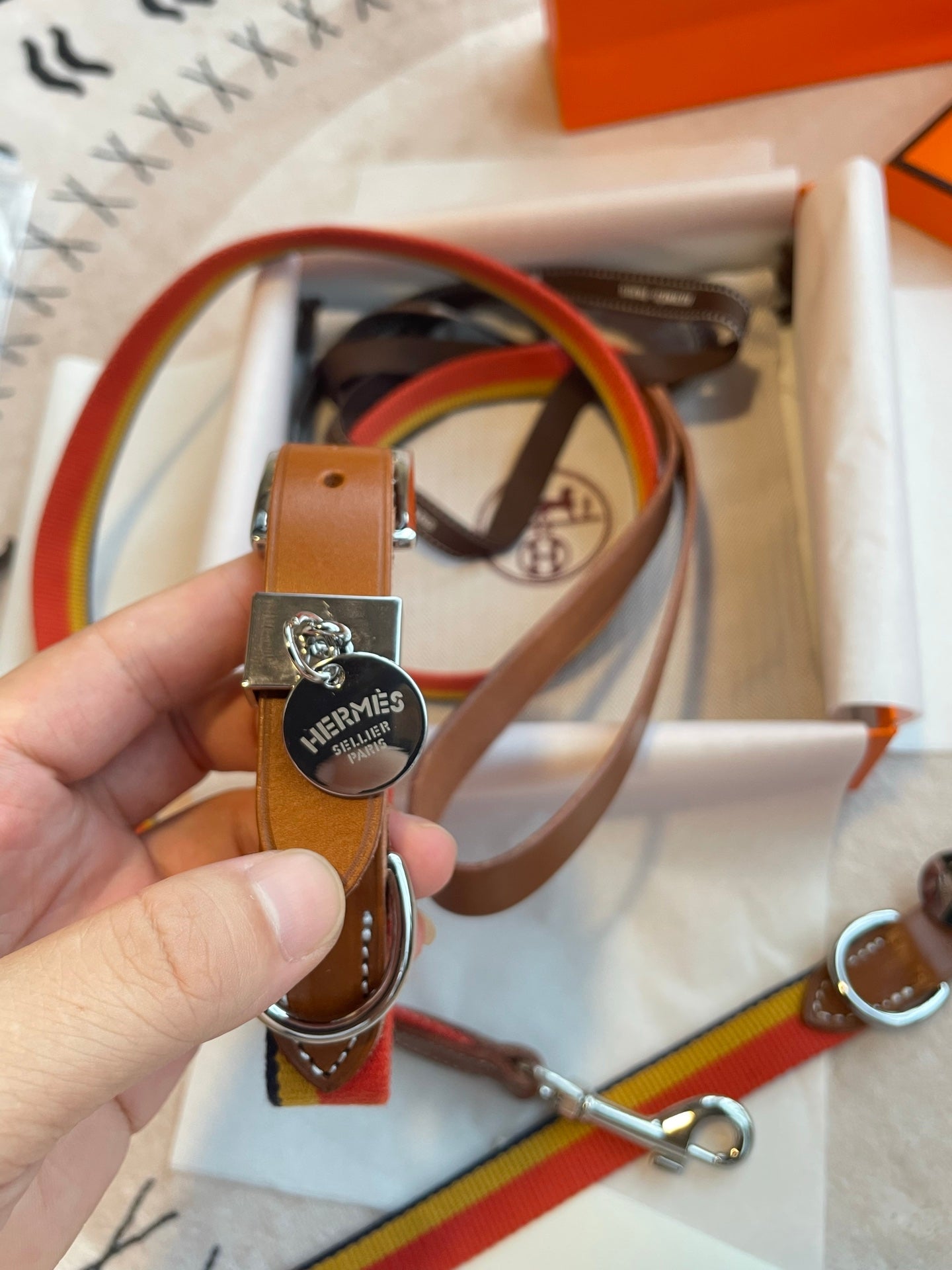 HERMES DOG HARNESS AND LEASH (STRIPES)