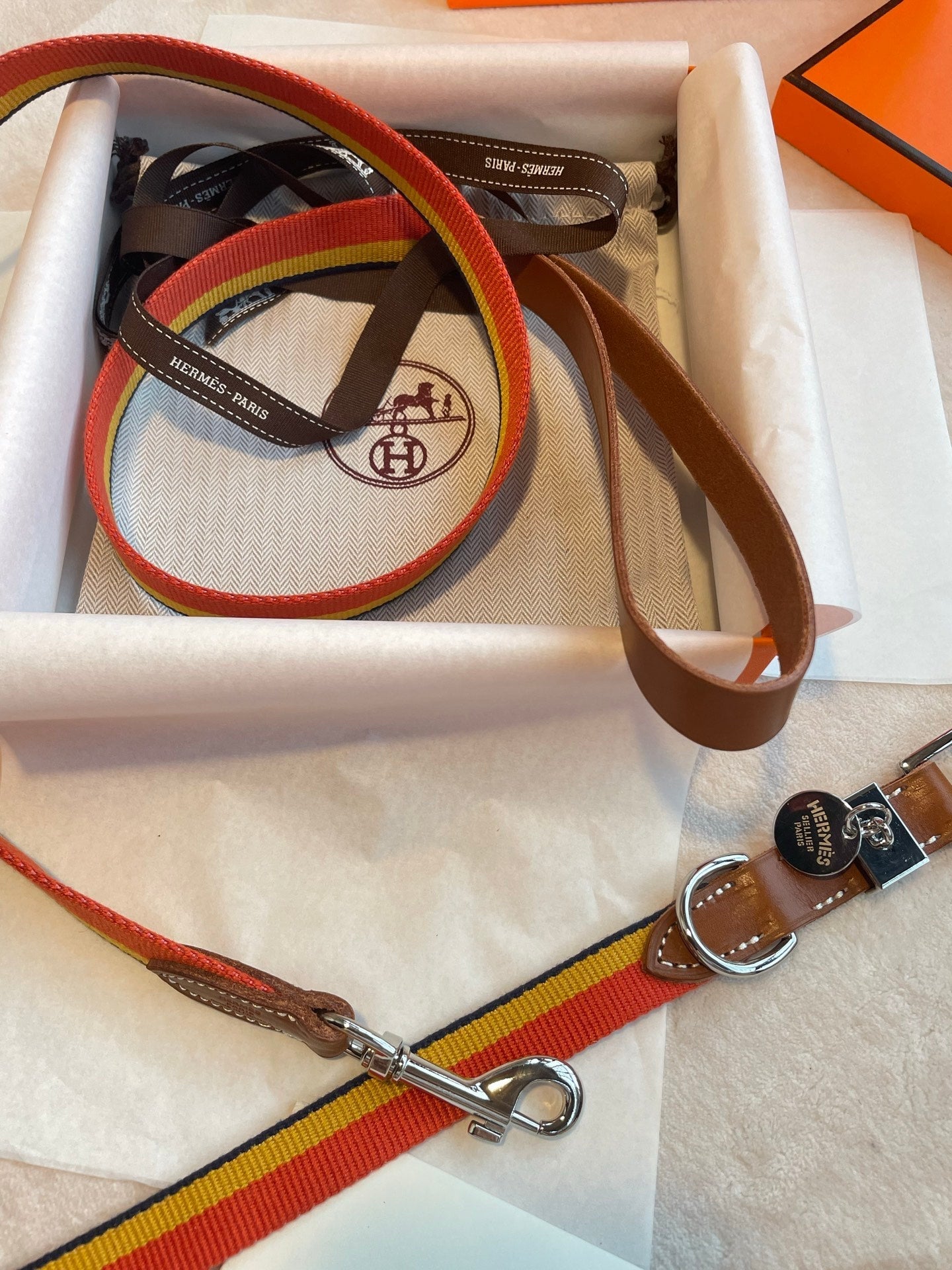 HERMES DOG HARNESS AND LEASH (STRIPES)