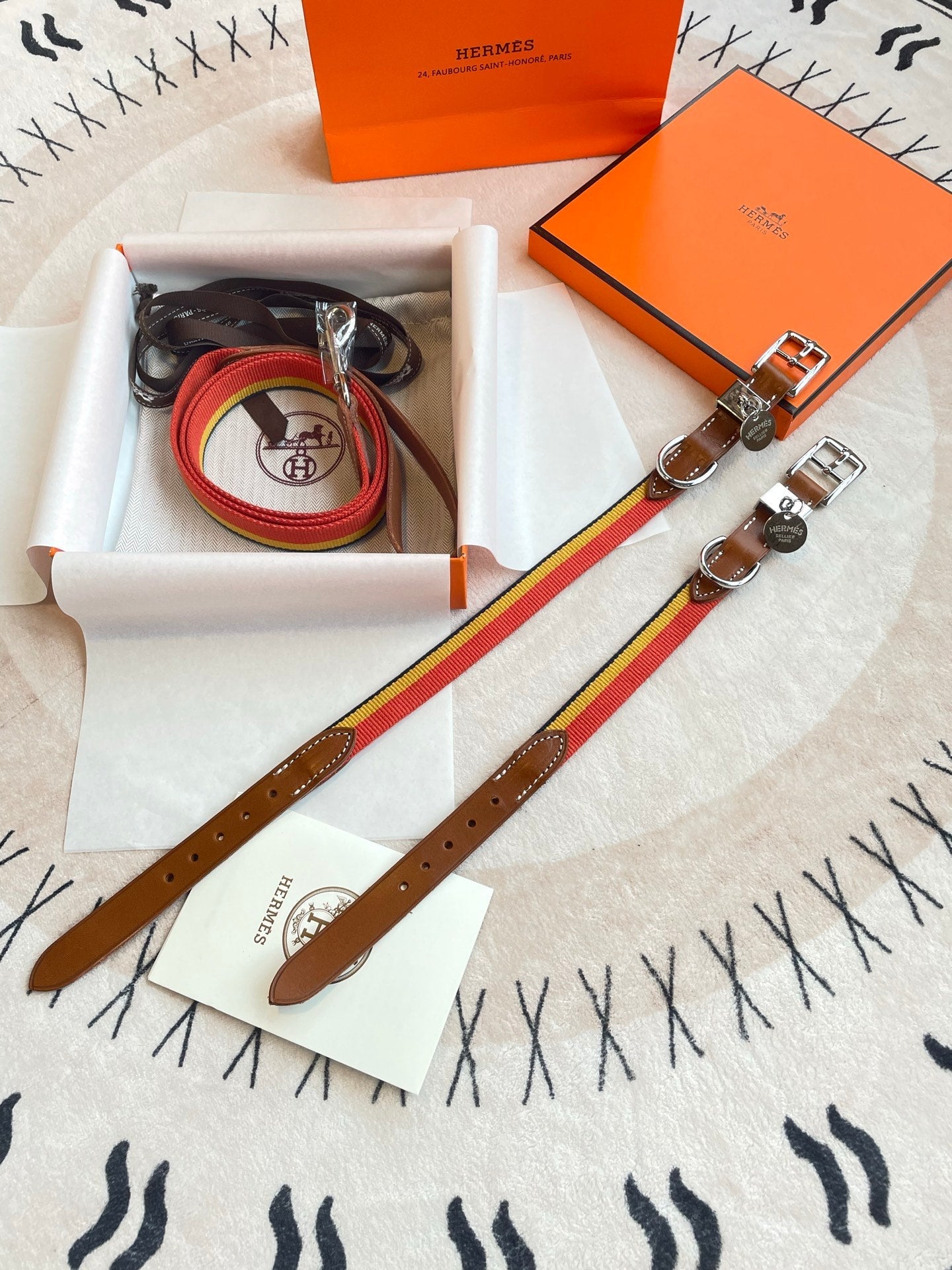 HERMES DOG COLLAR AND LEASH (STRIPES)