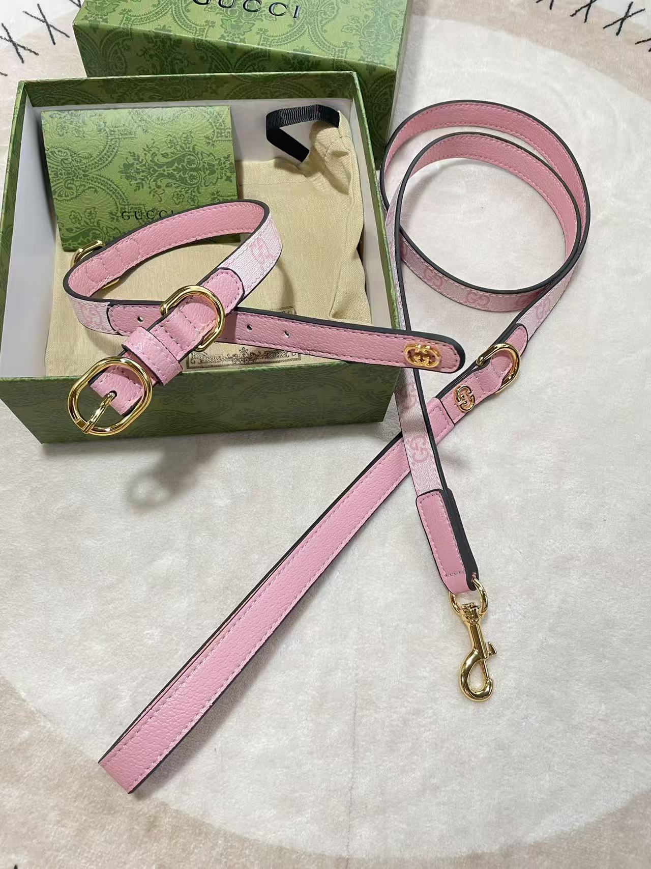 GUCCI DOG COLLAR AND LEASH (PINK)