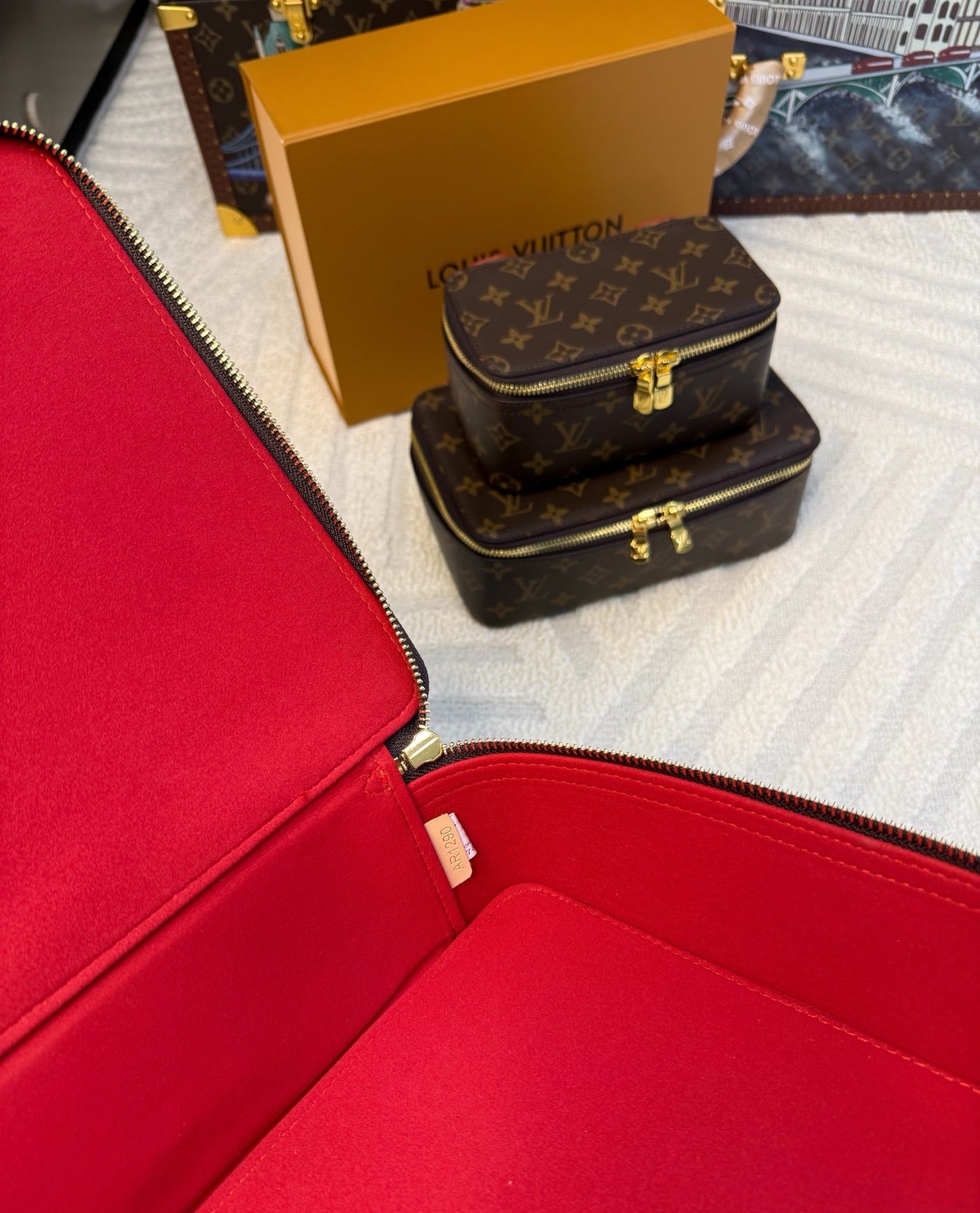 CUSTOM LV MAKE UP 3 IN 1 POUCH SET (RED INTERIOR)