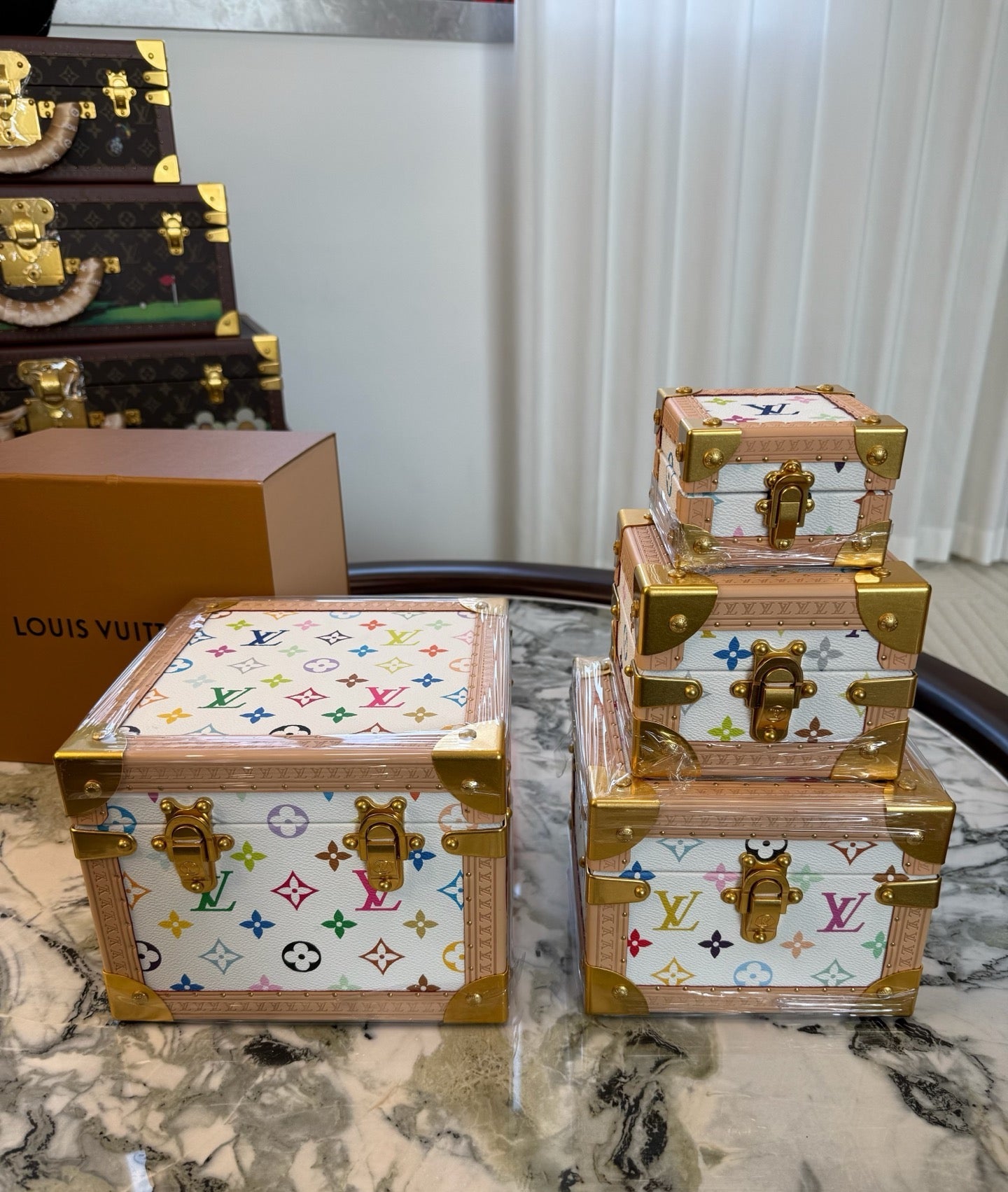 CUSTOM LV PYRAMID MONOGRAM TRUNK SET MURAKAMI WHITE