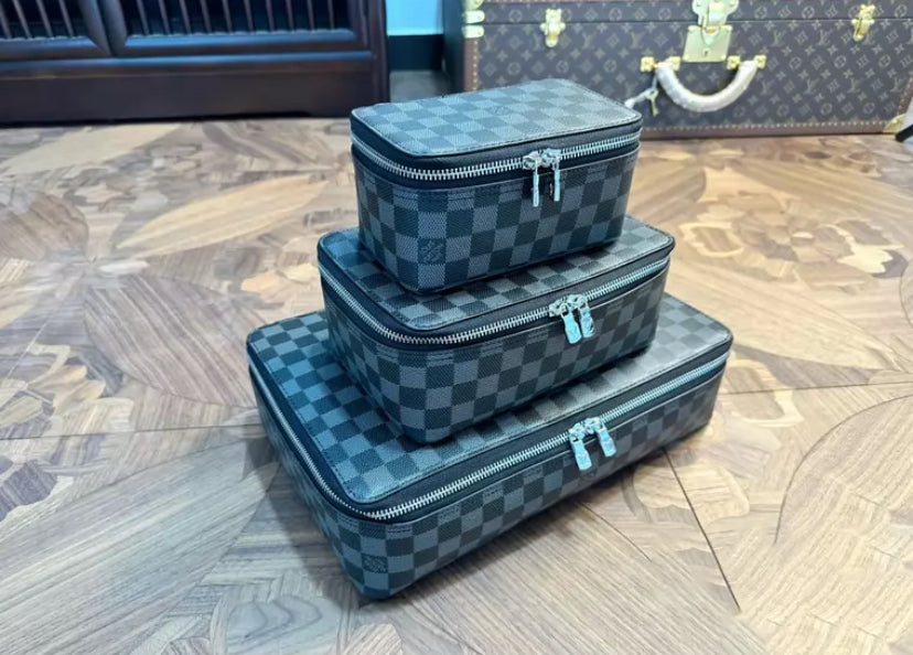 CUSTOM LV MAKE UP 3 IN 1 POUCH SET (CHECKERED)