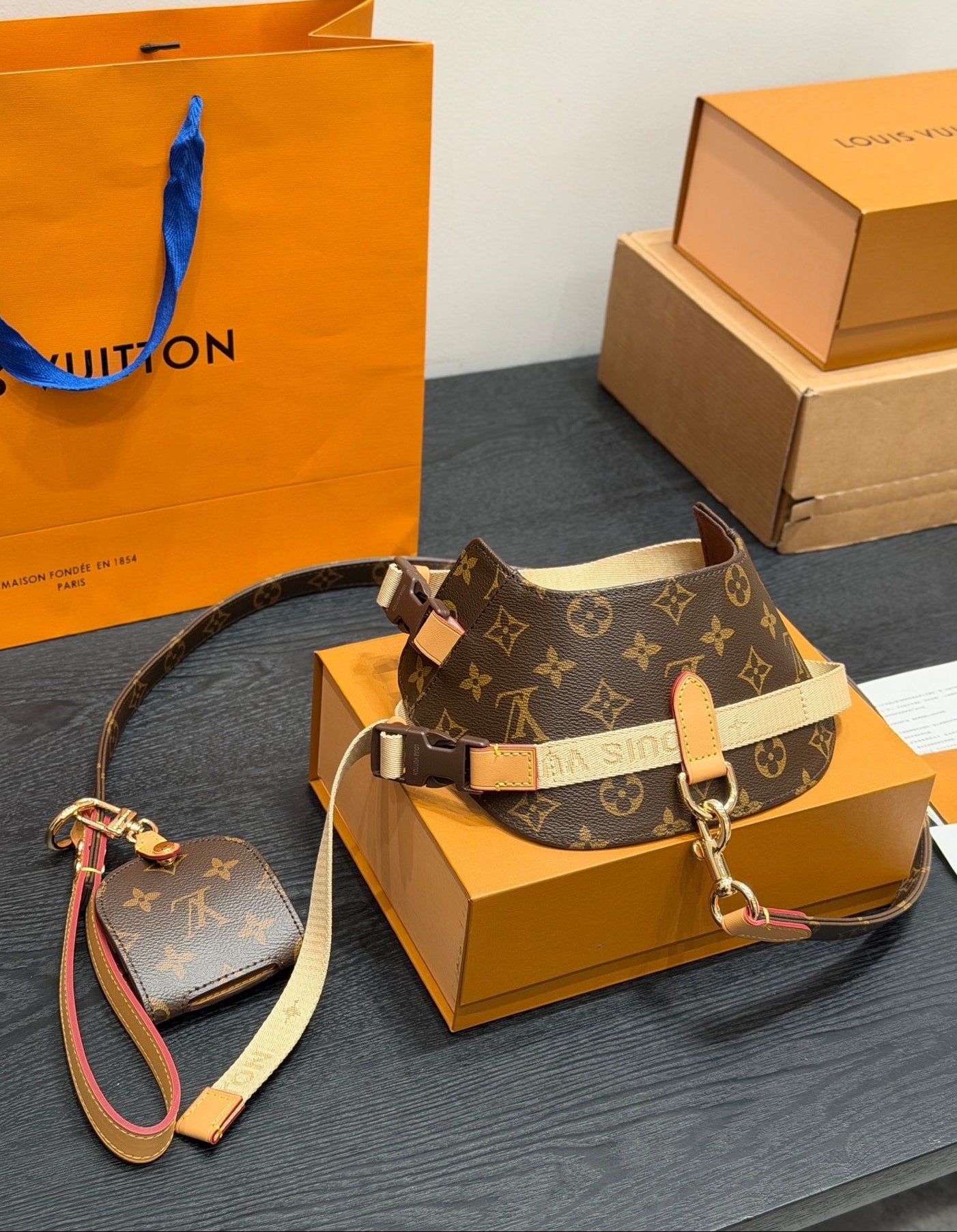 LV DOG HARNESS AND LEASH (BROWN)