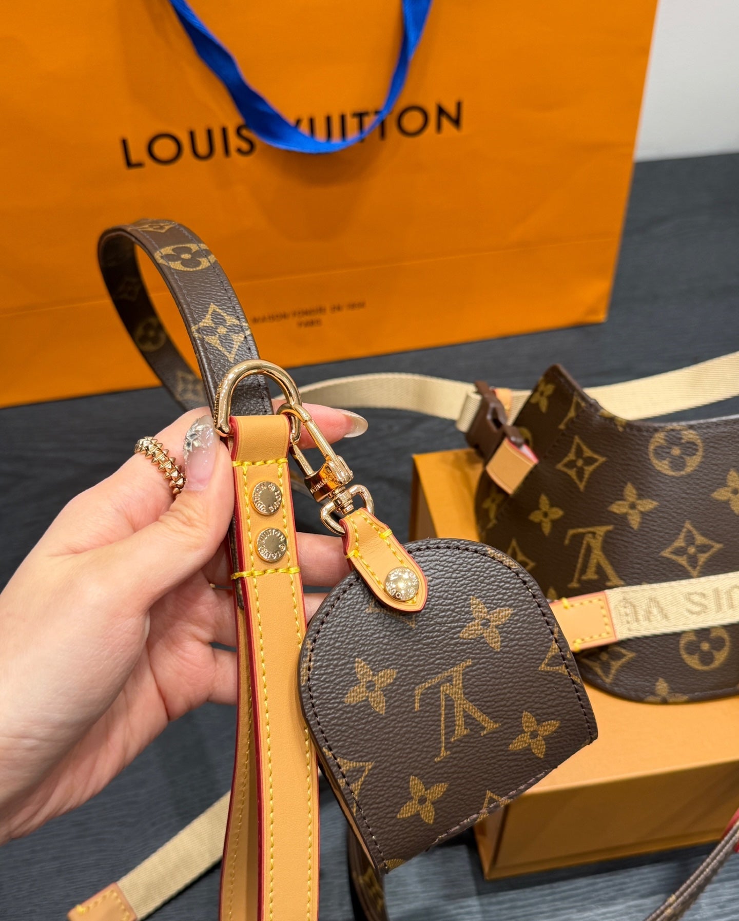 LV DOG HARNESS AND LEASH (BROWN)
