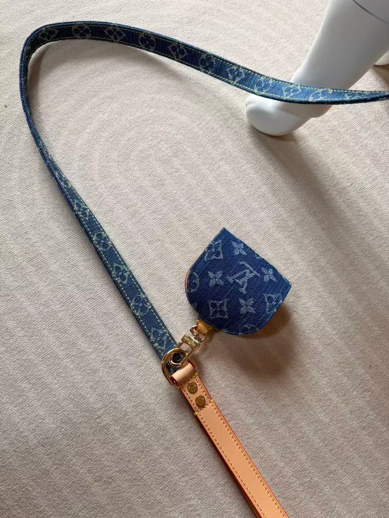 LV DOG HARNESS AND LEASH (BLUE DENIM)