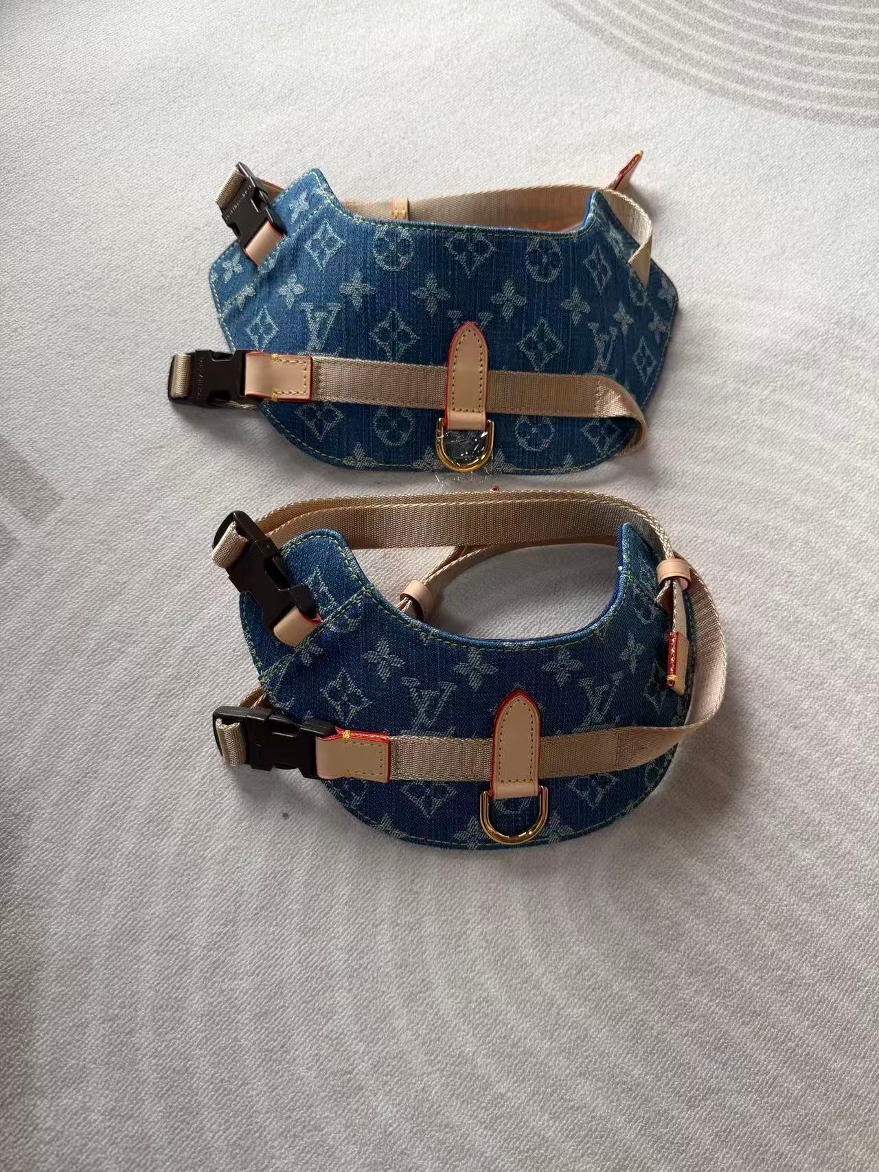 LV DOG HARNESS AND LEASH (BLUE DENIM)