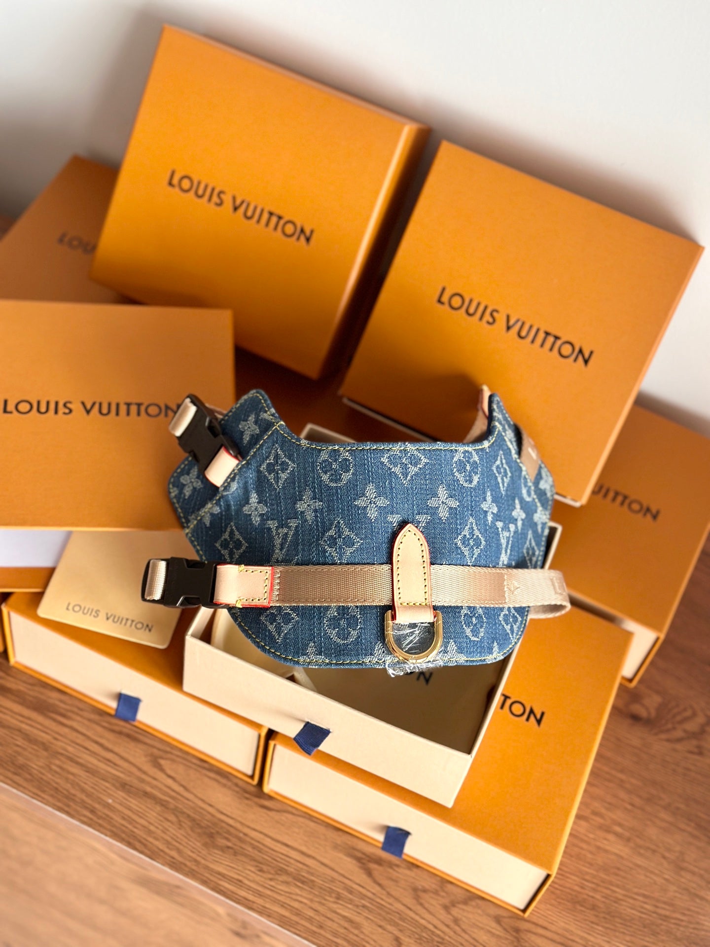 LV DOG HARNESS AND LEASH (BLUE DENIM)