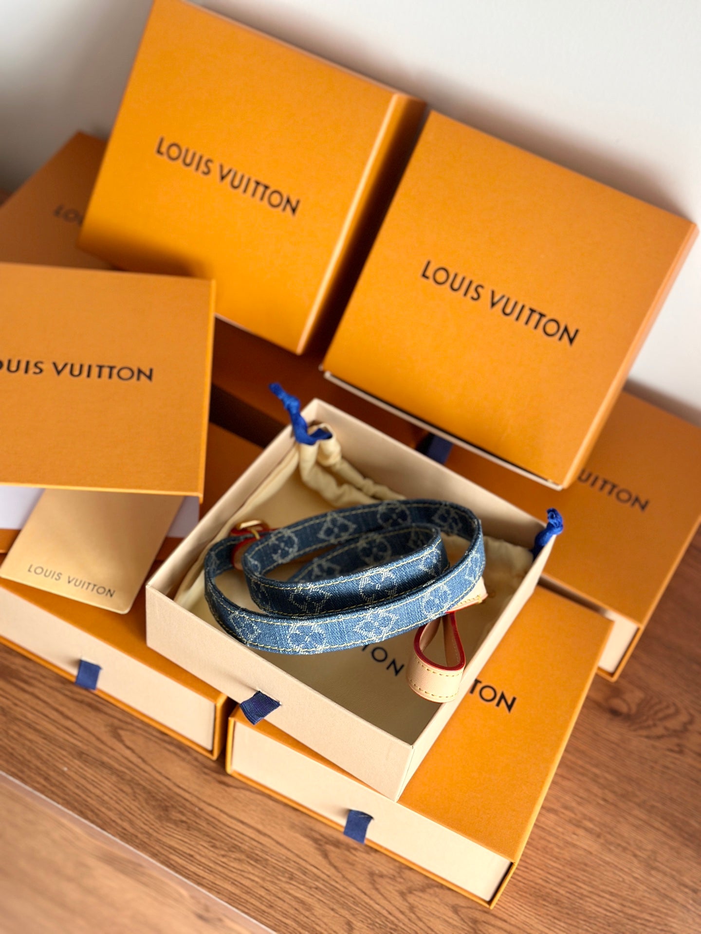 LV DOG HARNESS AND LEASH (BLUE DENIM)
