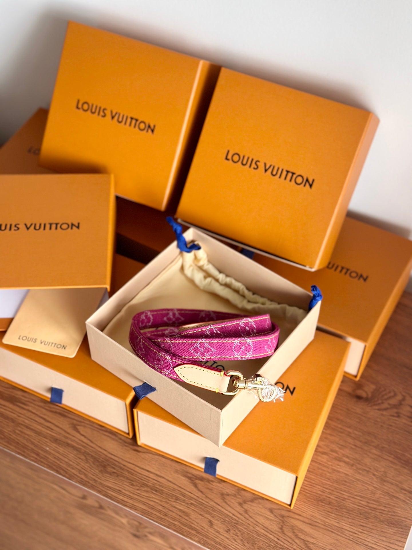 LV DOG HARNESS AND LEASH (PINK DENIM)