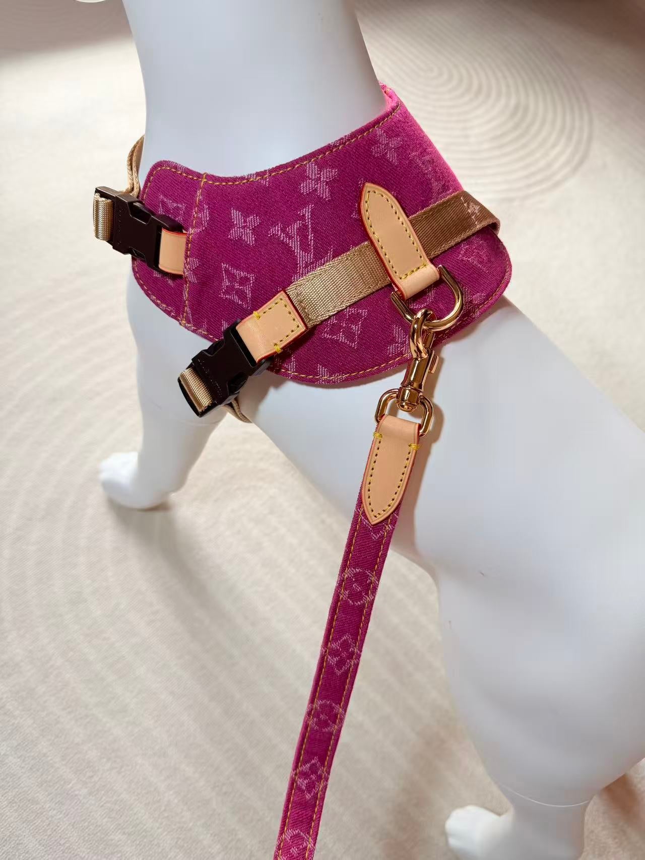 LV DOG HARNESS AND LEASH (PINK DENIM)