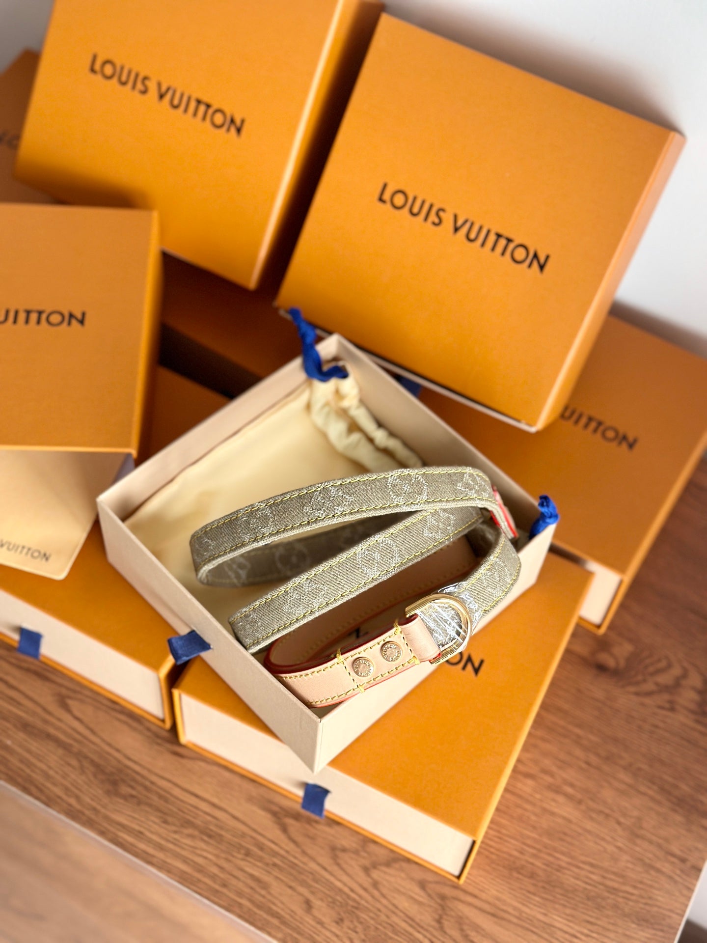 LV DOG HARNESS AND LEASH (BROWN DENIM)