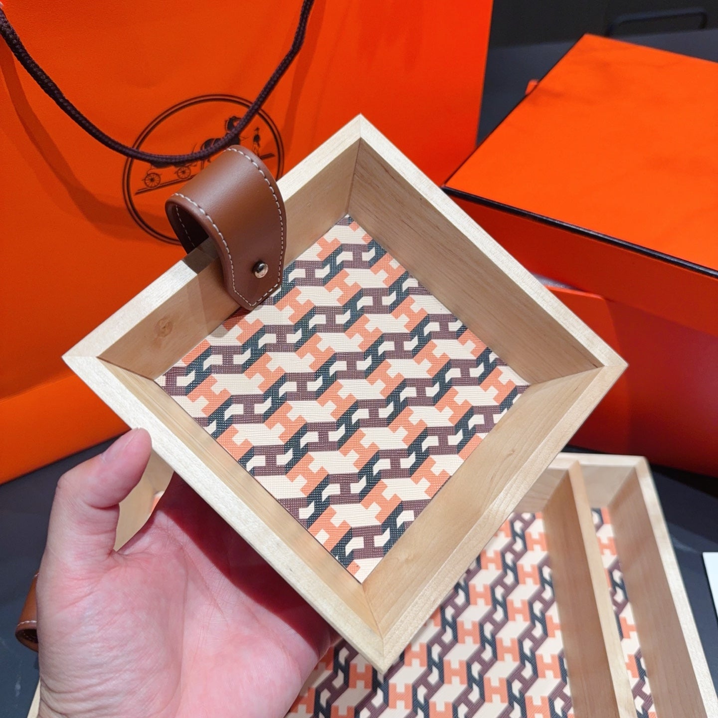 HERMES 3 PIECE VALET WOODEN TRAY (H BROWN)