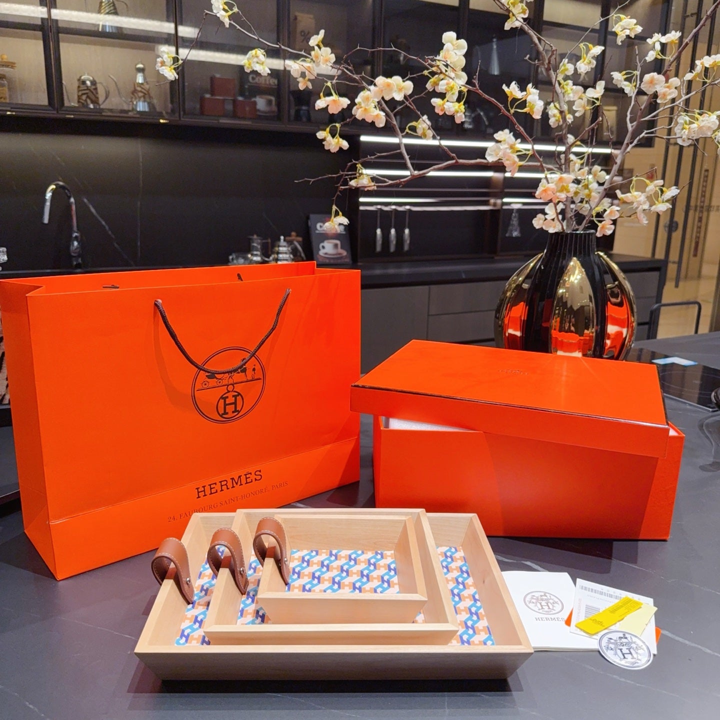 HERMES 3 PIECE VALET WOODEN TRAY (H BLUE)