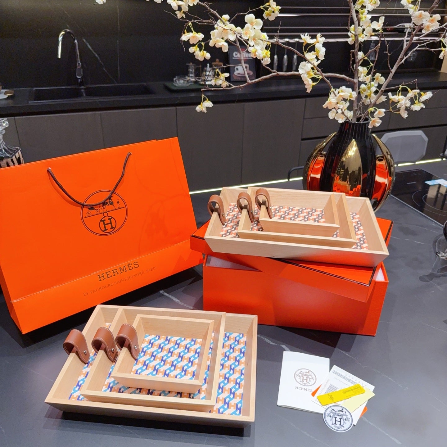 HERMES 3 PIECE VALET WOODEN TRAY (H BLUE)