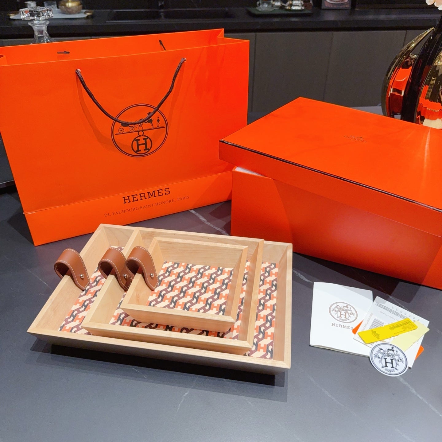 HERMES 3 PIECE VALET WOODEN TRAY (H BROWN)