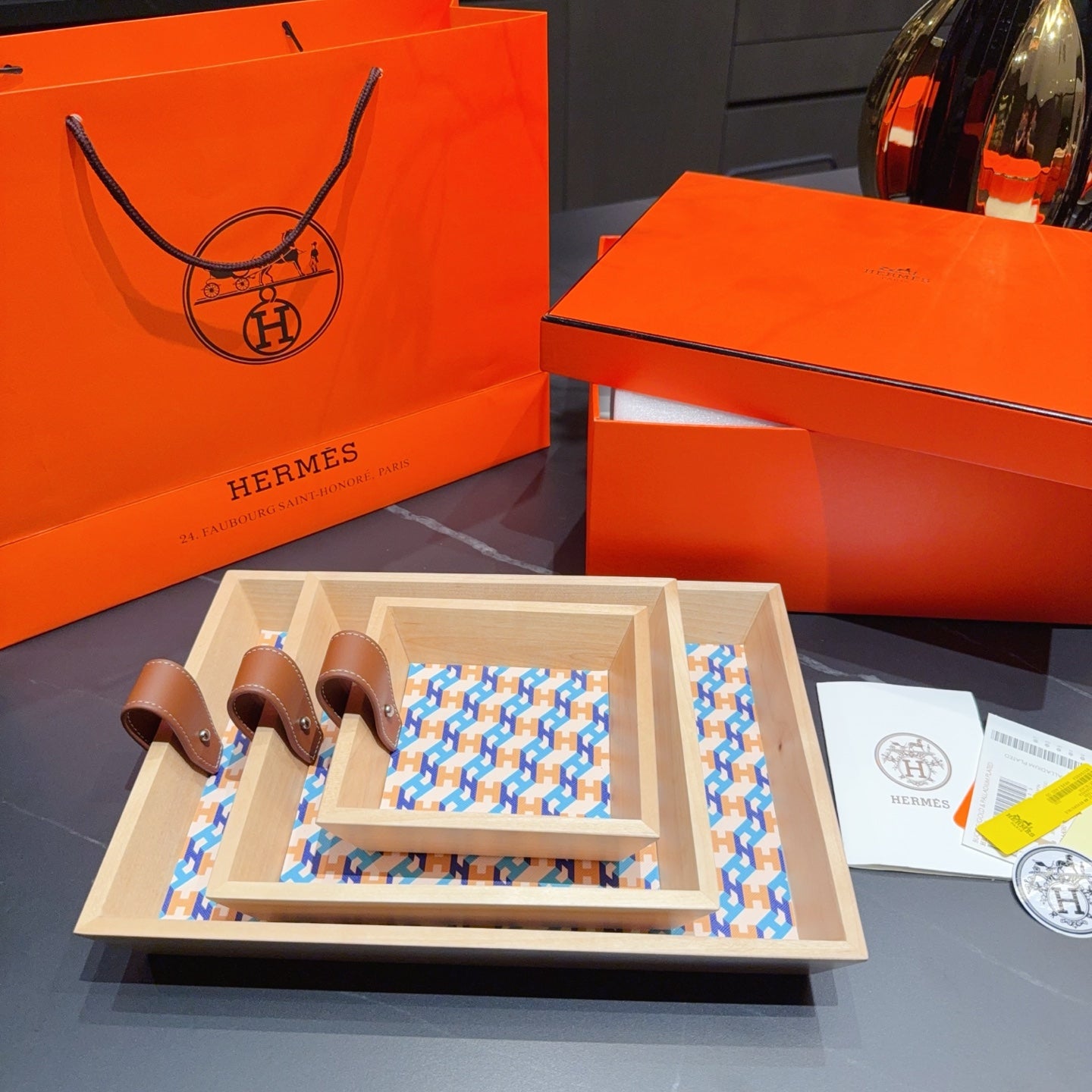 HERMES 3 PIECE VALET WOODEN TRAY (H BLUE)