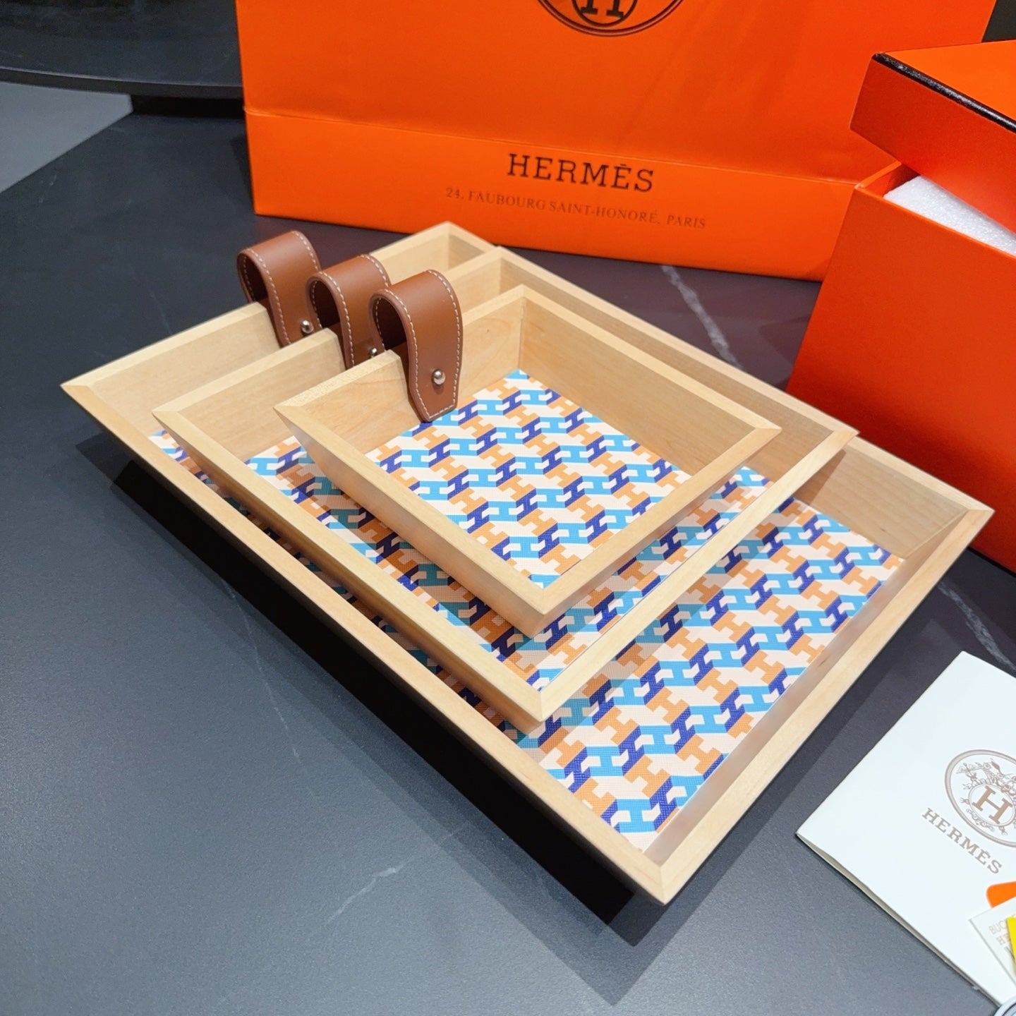 HERMES 3 PIECE VALET WOODEN TRAY (H BLUE)