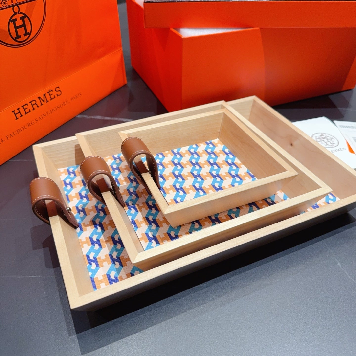 HERMES 3 PIECE VALET WOODEN TRAY (H BLUE)