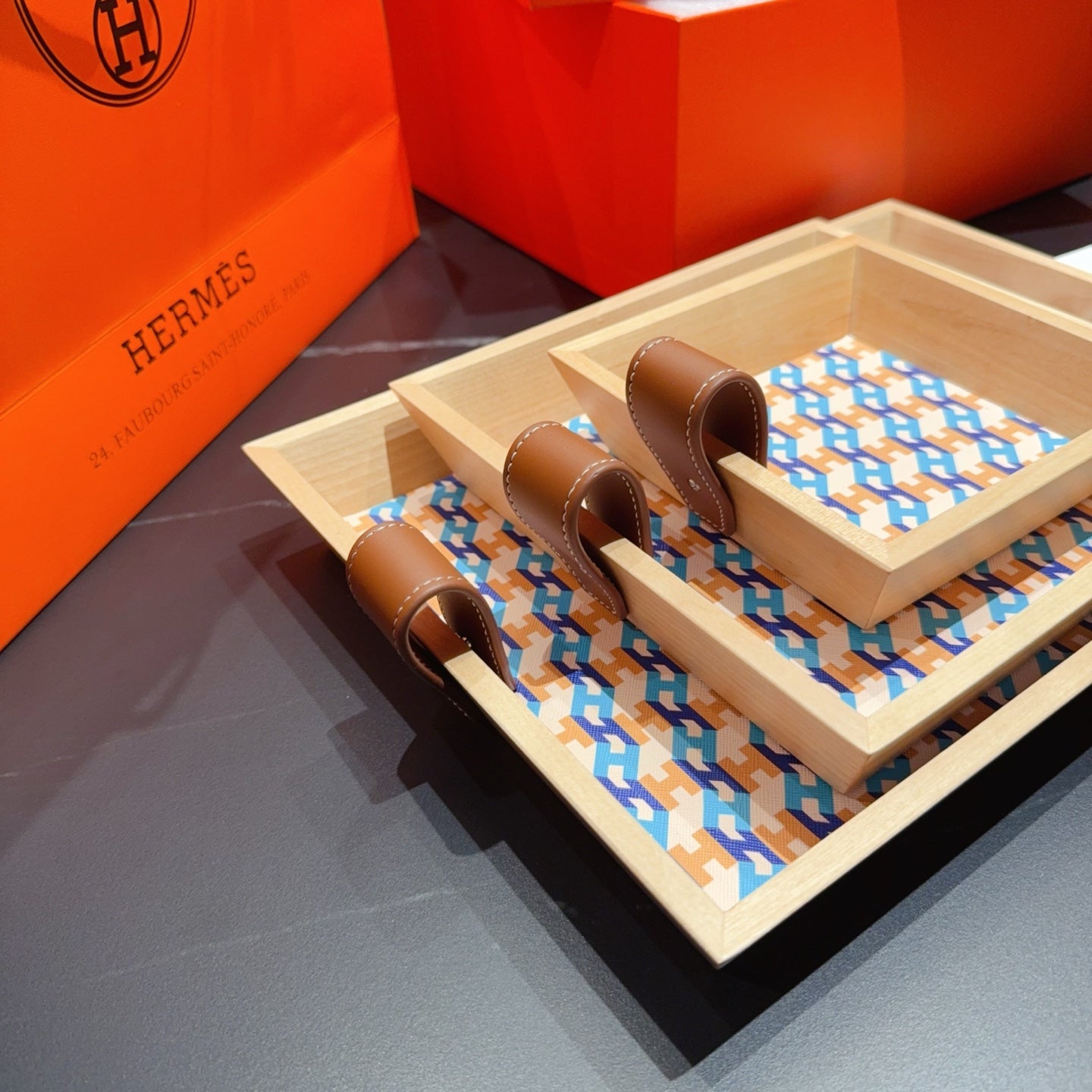 HERMES 3 PIECE VALET WOODEN TRAY (H BLUE)