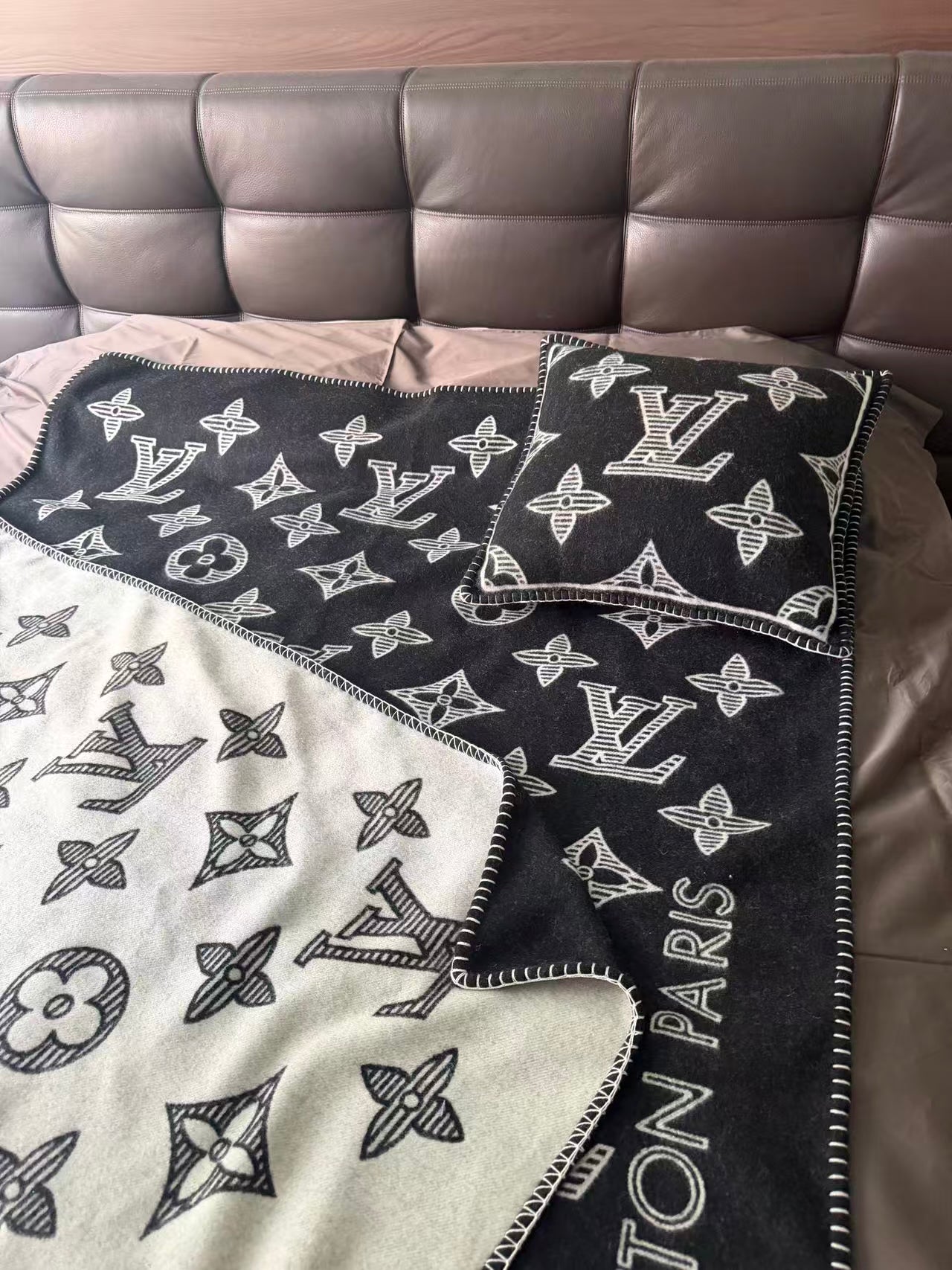 CUSTOM LV MONOGRAM SHADOW THROW BLANKET (GREY)