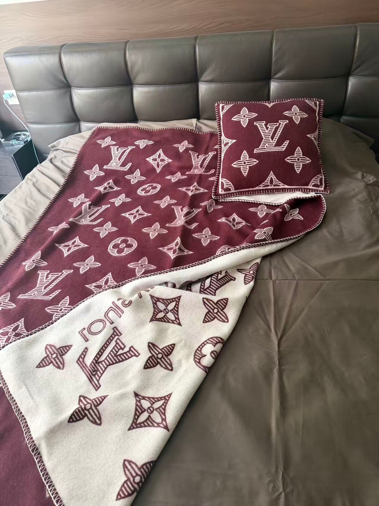 CUSTOM LV MONOGRAM SHADOW THROW BLANKET (MAROON)