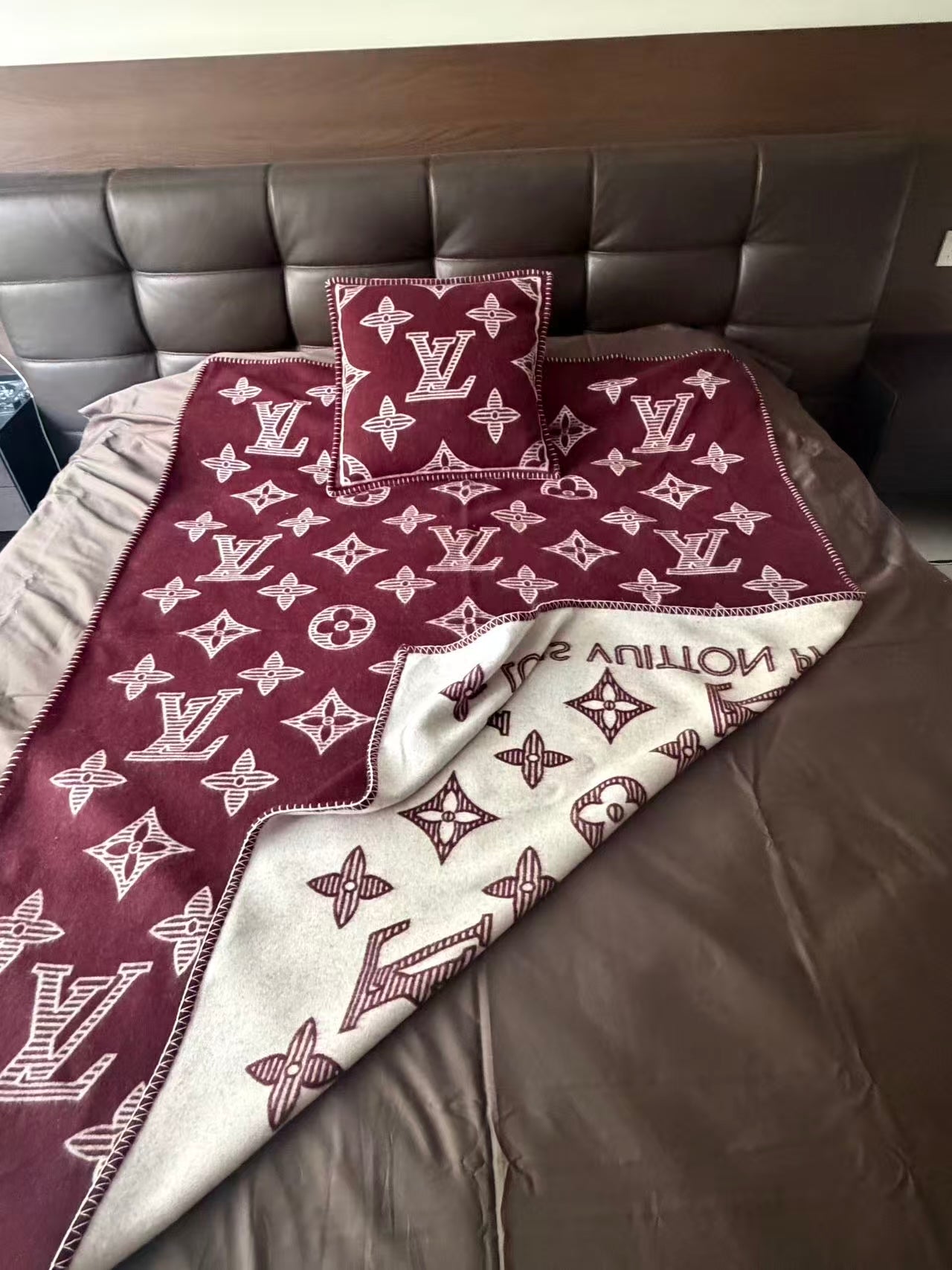 CUSTOM LV MONOGRAM SHADOW THROW BLANKET (MAROON)