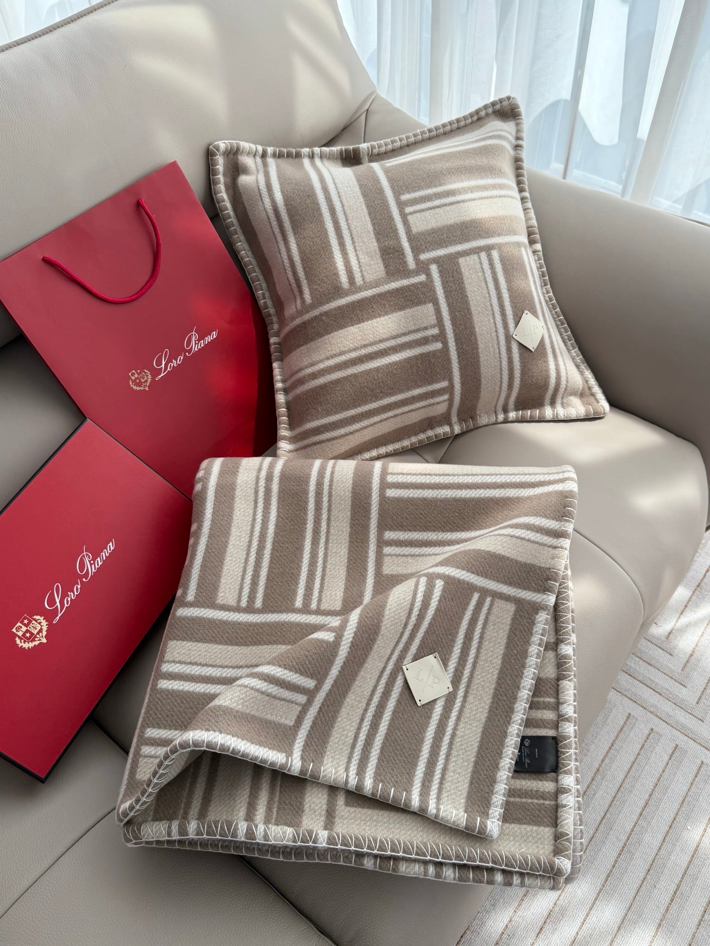 LORO PIANA INTARSIA PLAID WOOL PILLOW