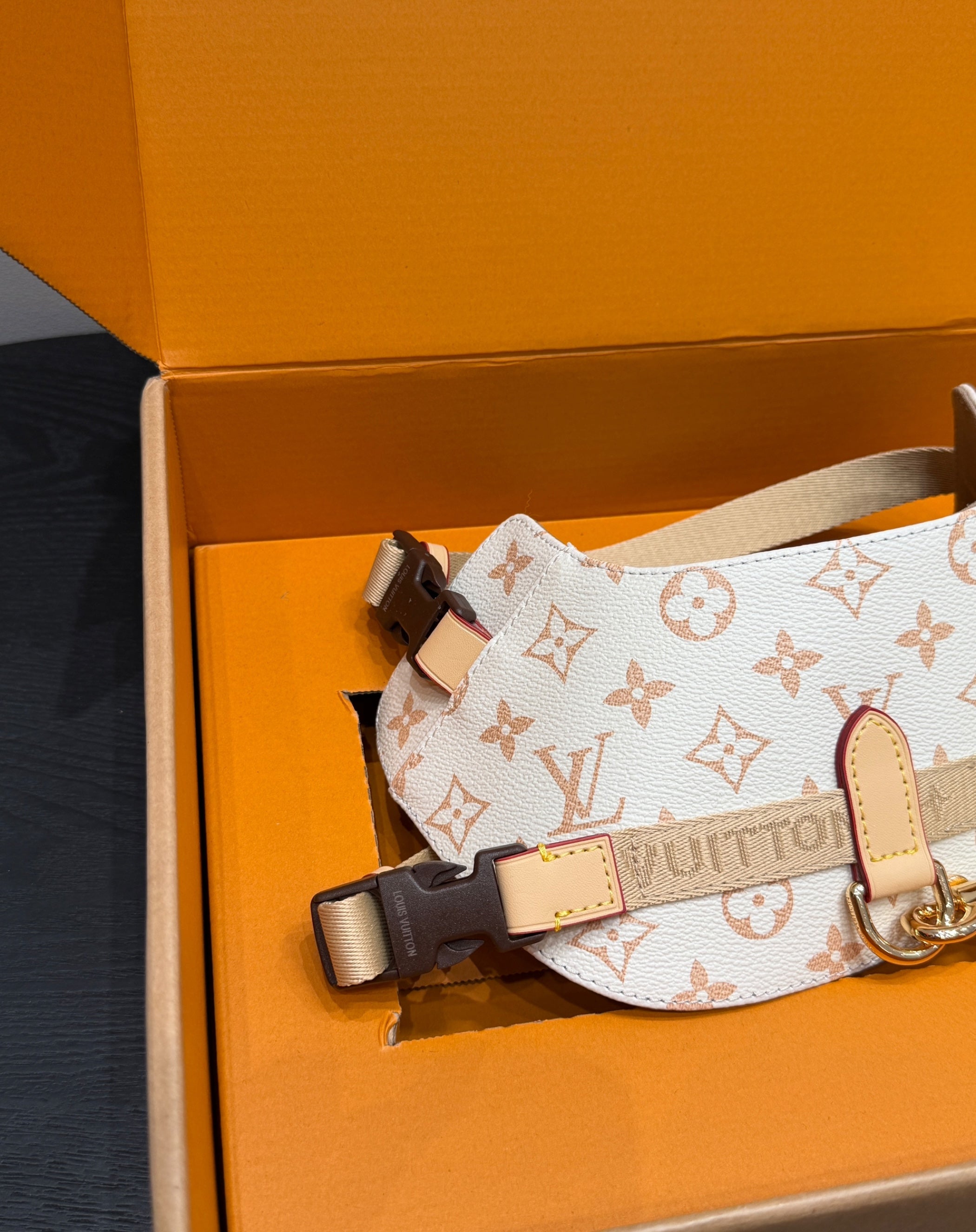 LV DOG HARNESS AND LEASH (BEIGE)