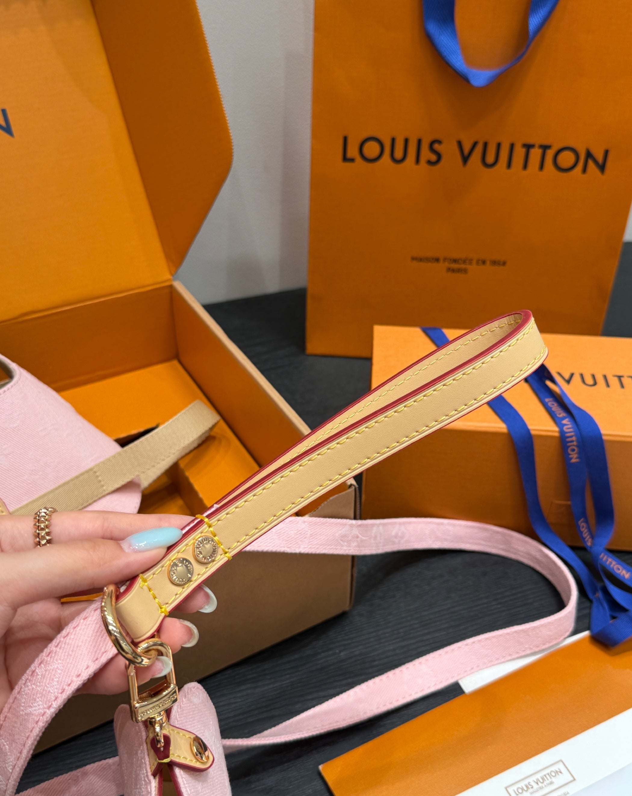 LV DOG HARNESS AND LEASH (PINK)